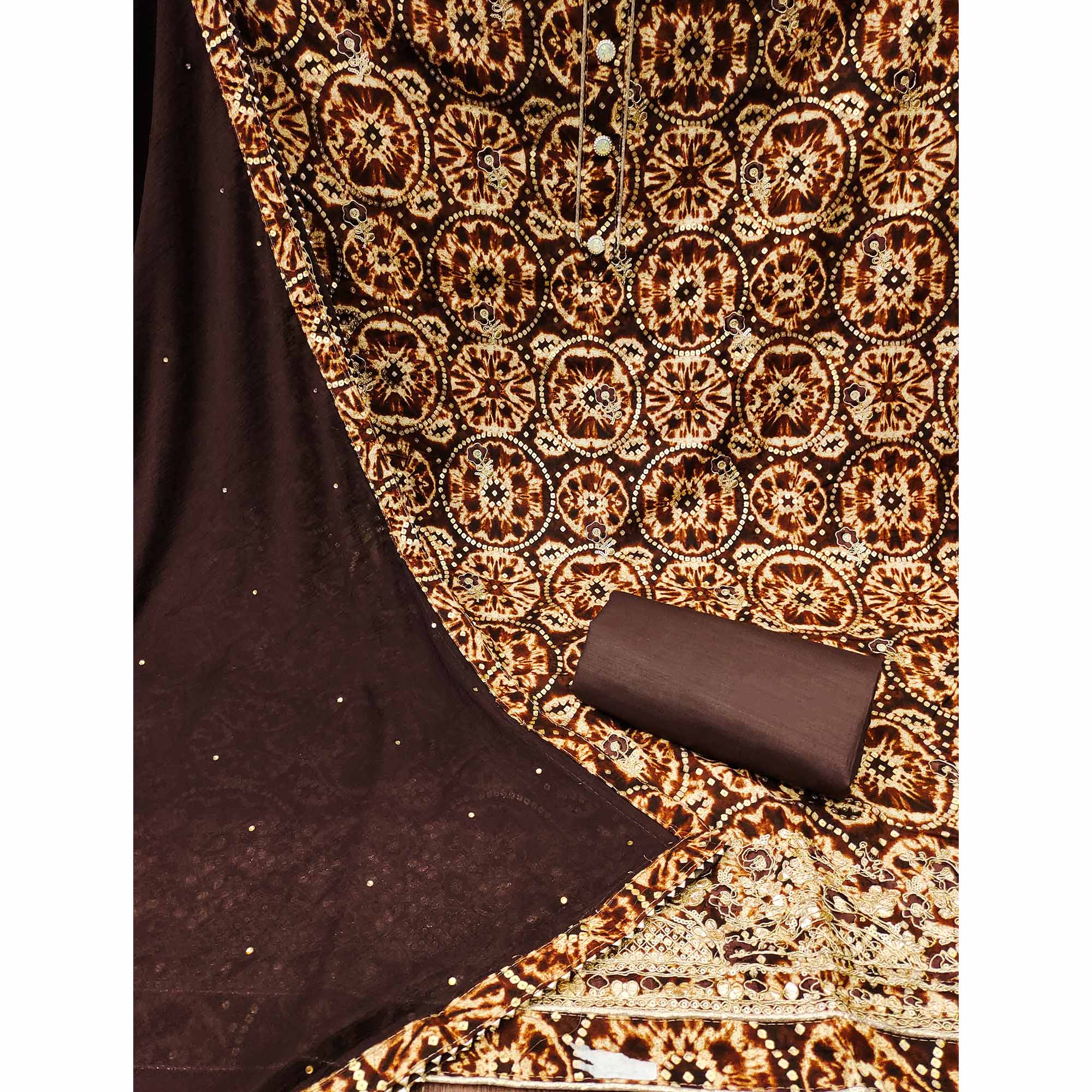 Brown Foil Printed Rayon Dress Material