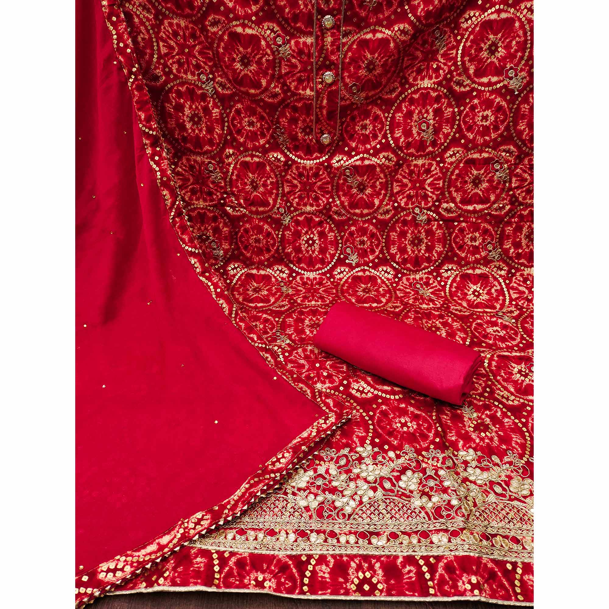Red Foil Printed Rayon Dress Material