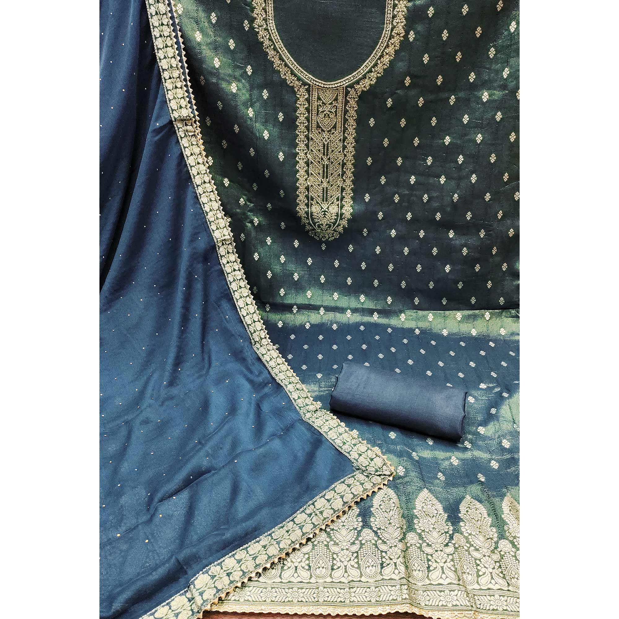 Blue Floral Woven Jacquard Dress Material