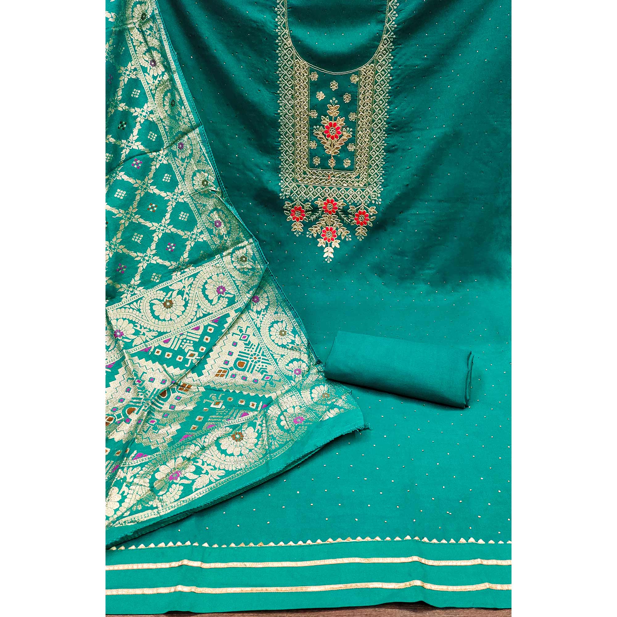 Turquoise Floral Embroidery With Stonework Chanderi Dress Material