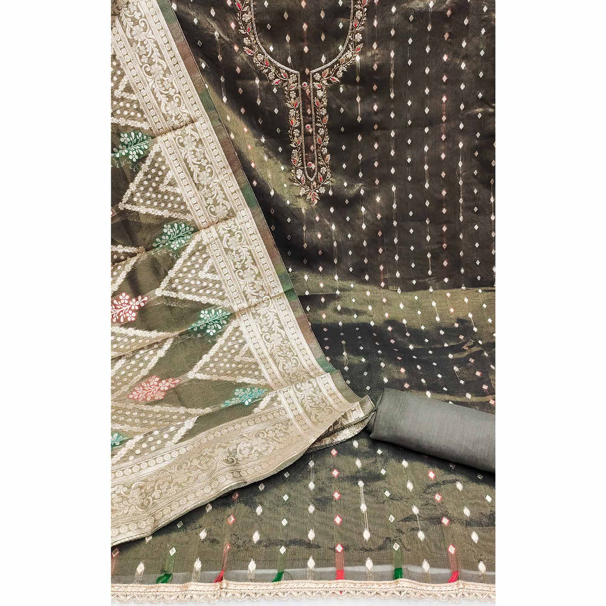 Mehandi Green Woven Jacquard Dress Material