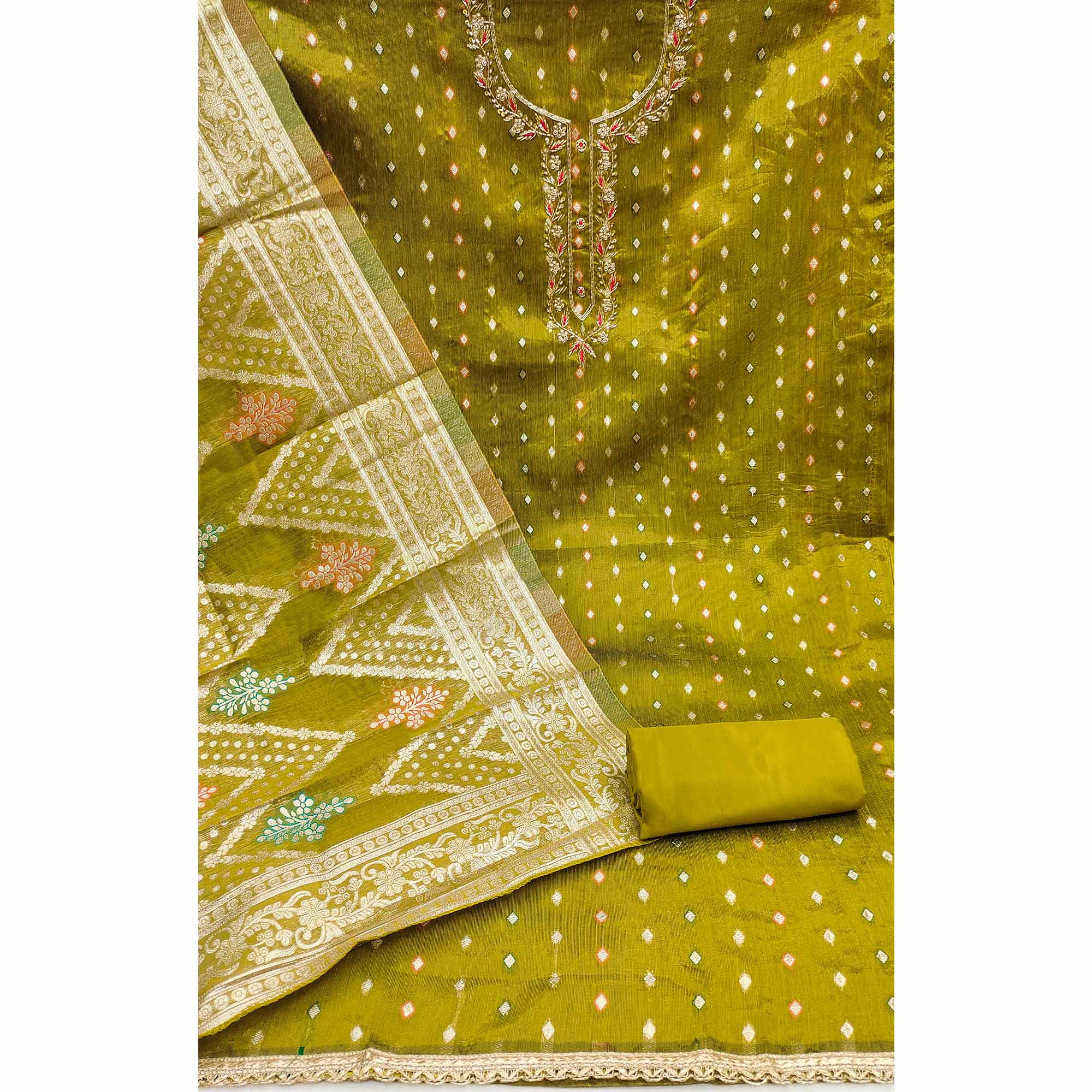 Olive Woven Jacquard Dress Material