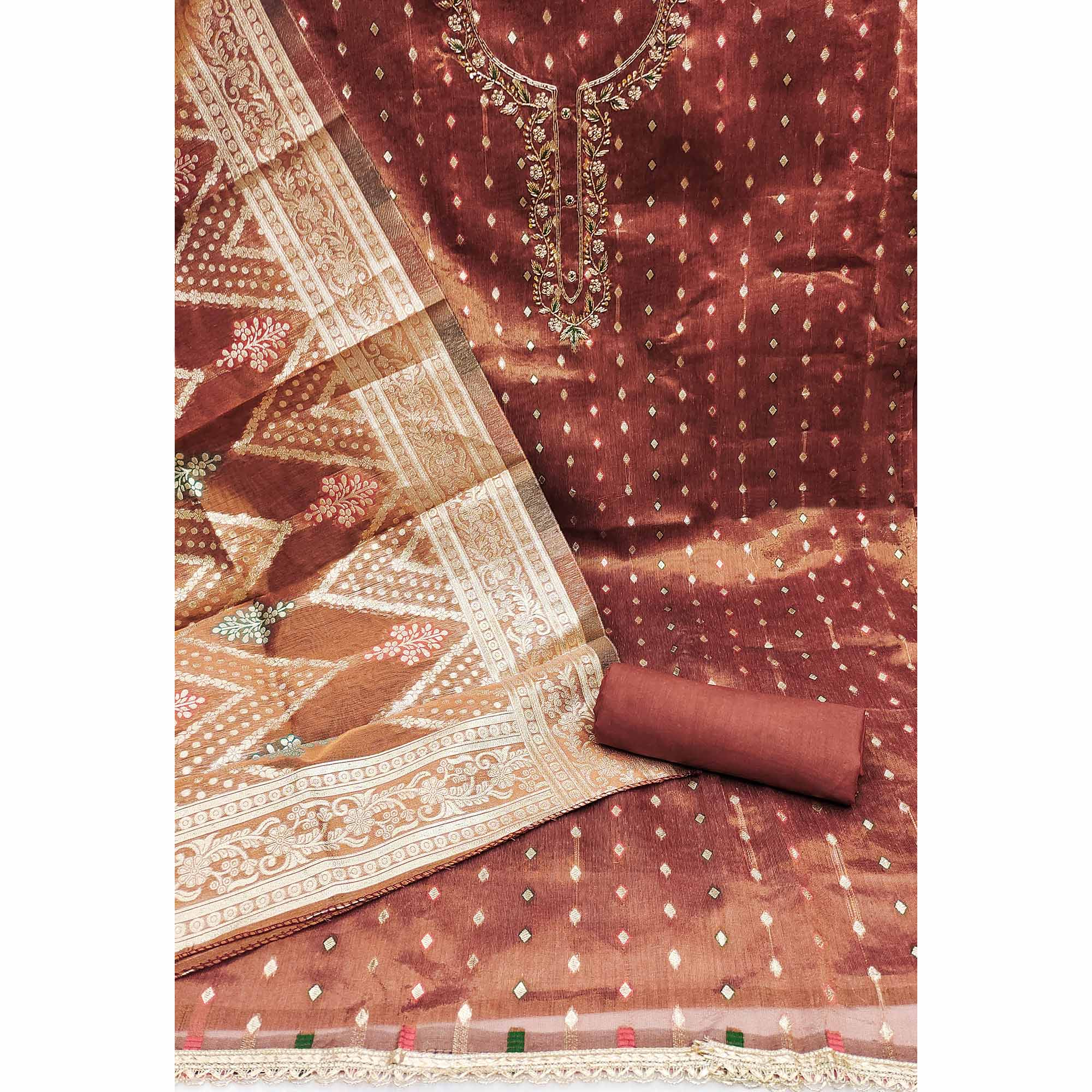 Rust Woven Jacquard Dress Material