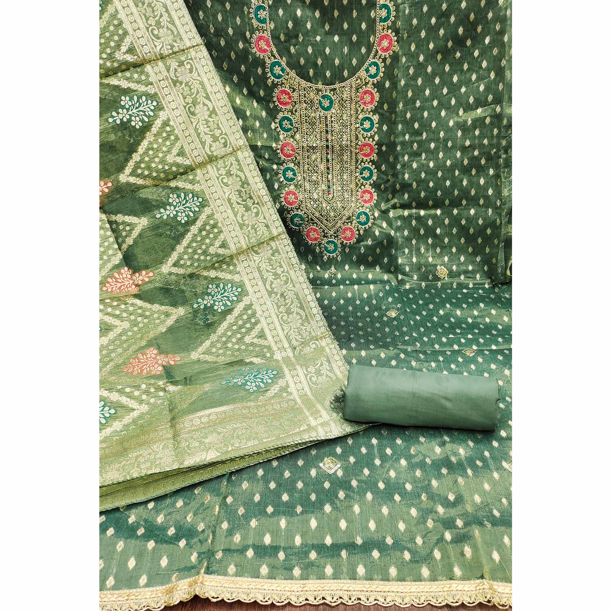 Green Woven With Sequins Work Jacquard Dress Material