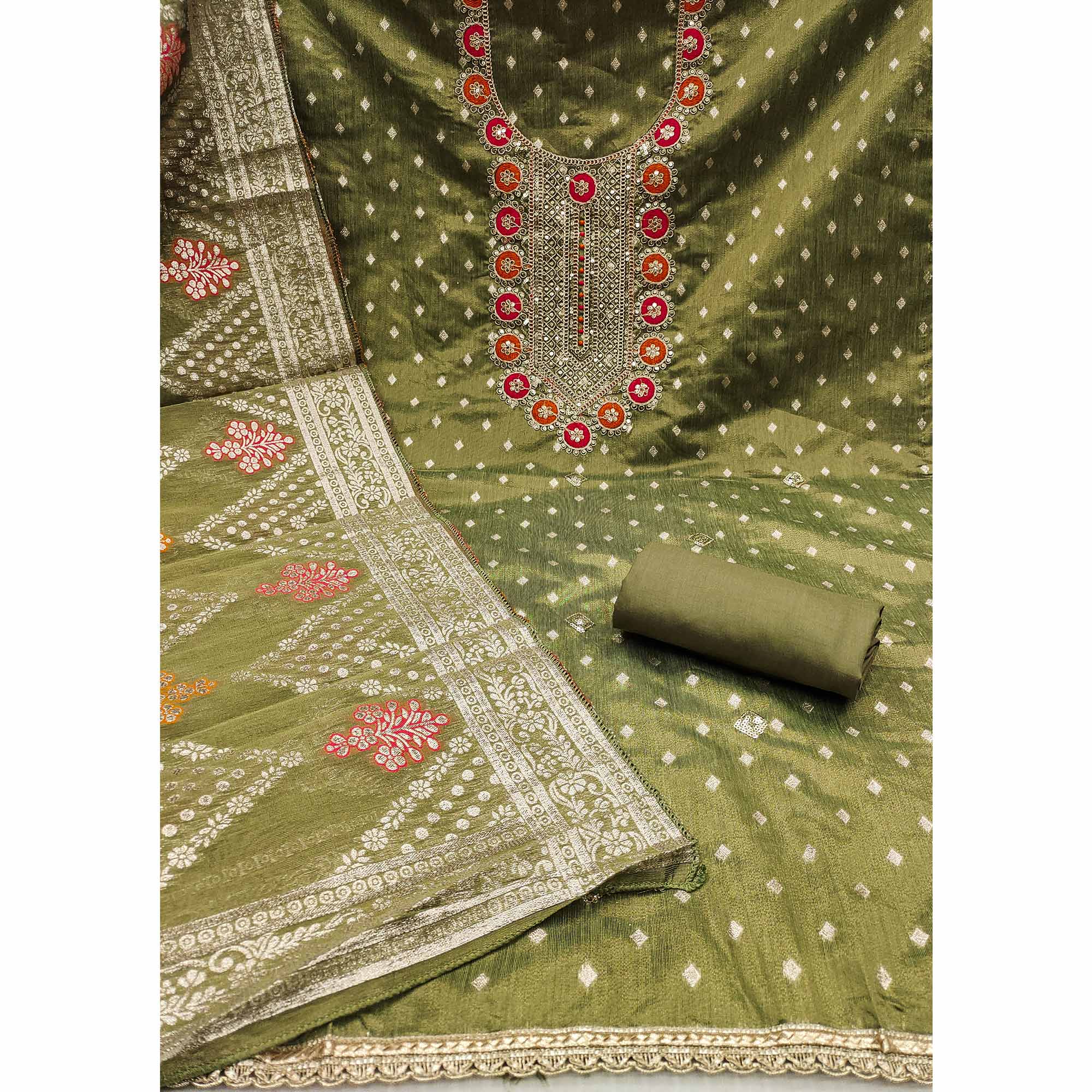 Green Woven With Sequins Embroidered Simmer Cotton Silk Dress Material