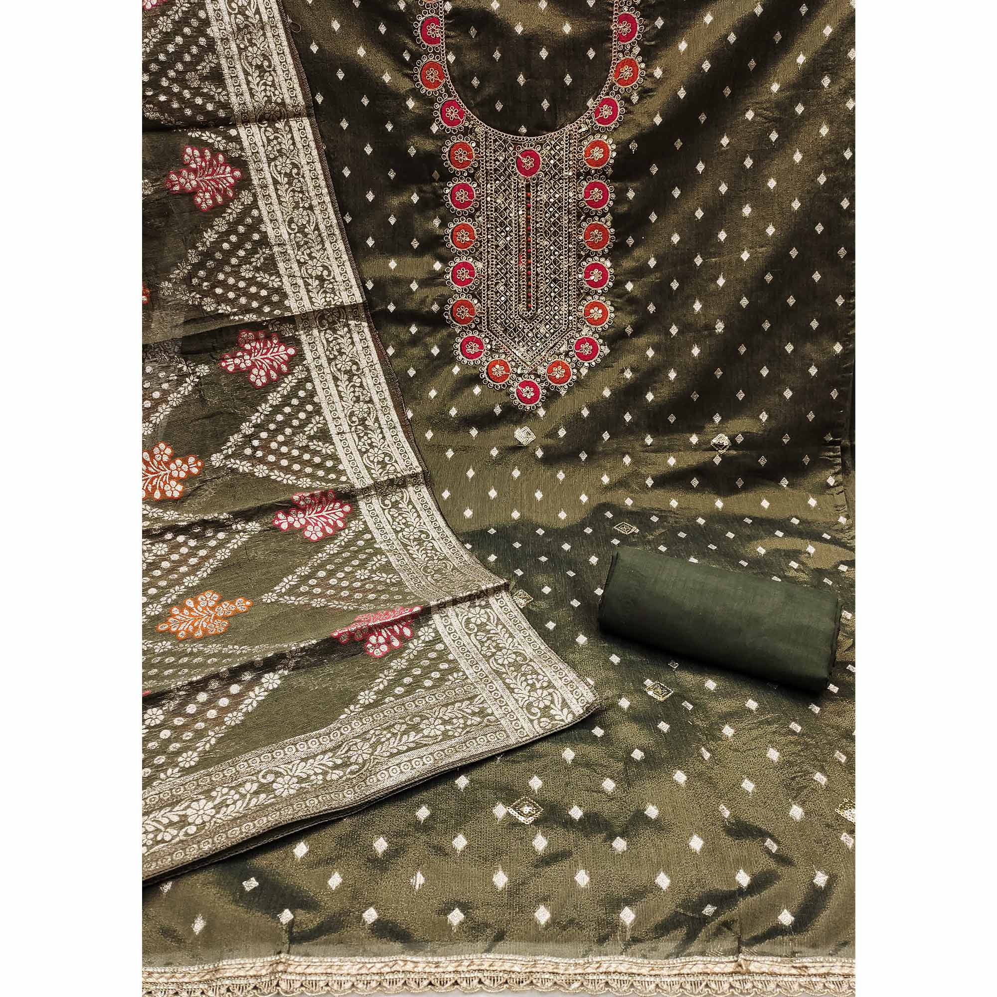 Mehendi Green Woven With Sequins Embroidered Simmer Cotton Silk Dress Material