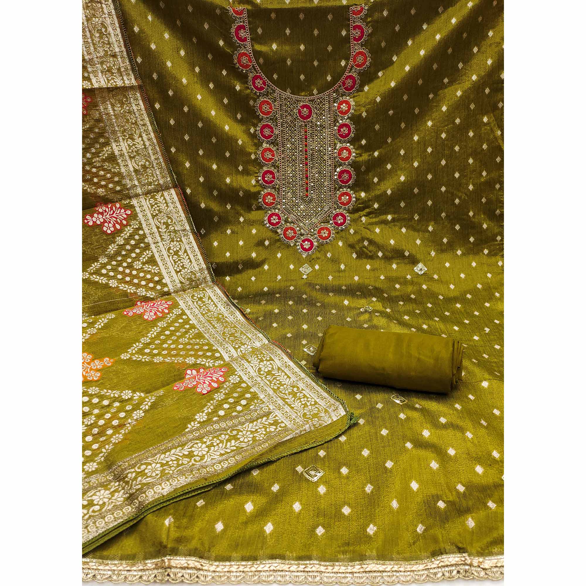 Olive Woven With Sequins Embroidered Simmer Cotton Silk Dress Material