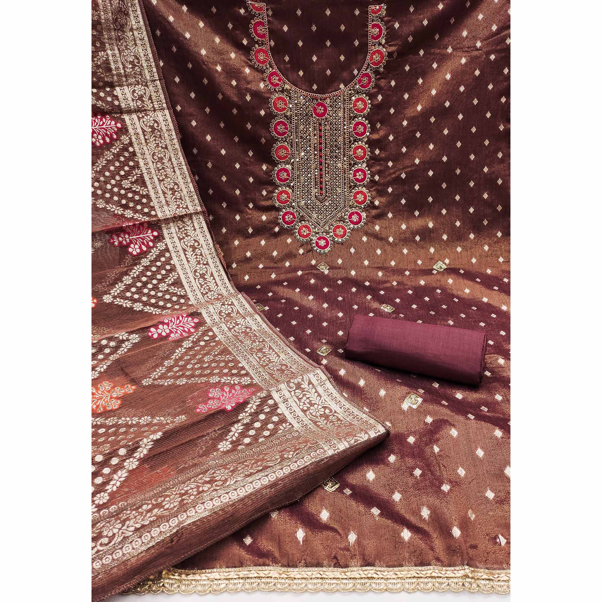 Wine Woven With Sequins Embroidered Simmer Cotton Silk Dress Material