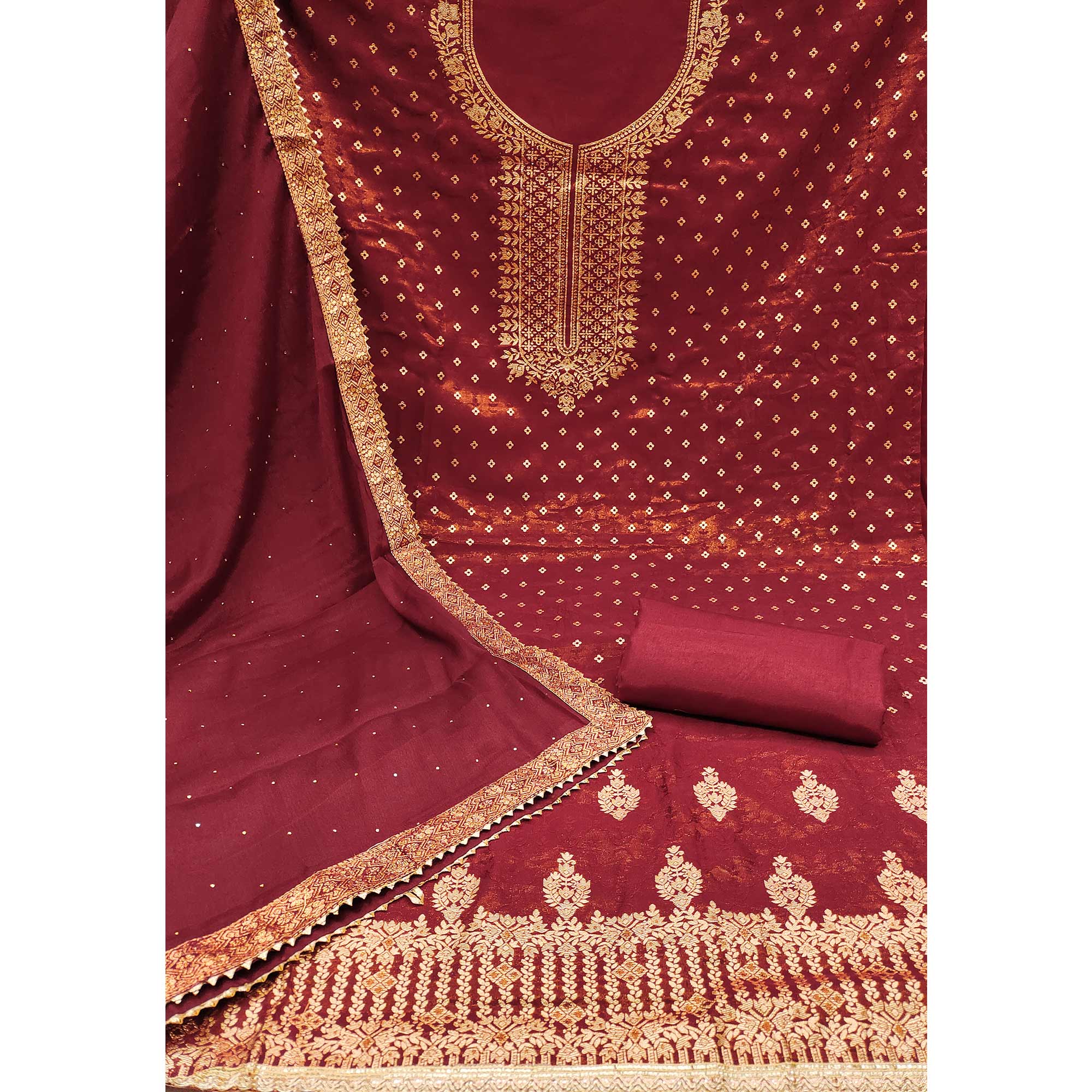 Maroon Floral Woven With Stonework Jacquard Dress Material