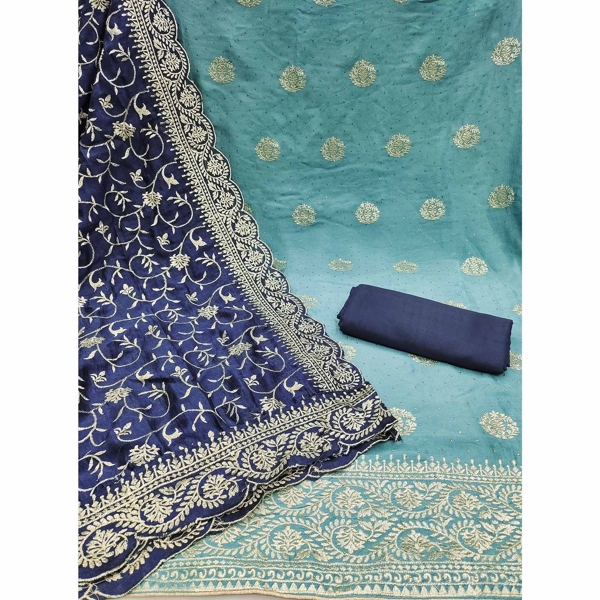 Blue Floral Embroidered Chinon Dress Material