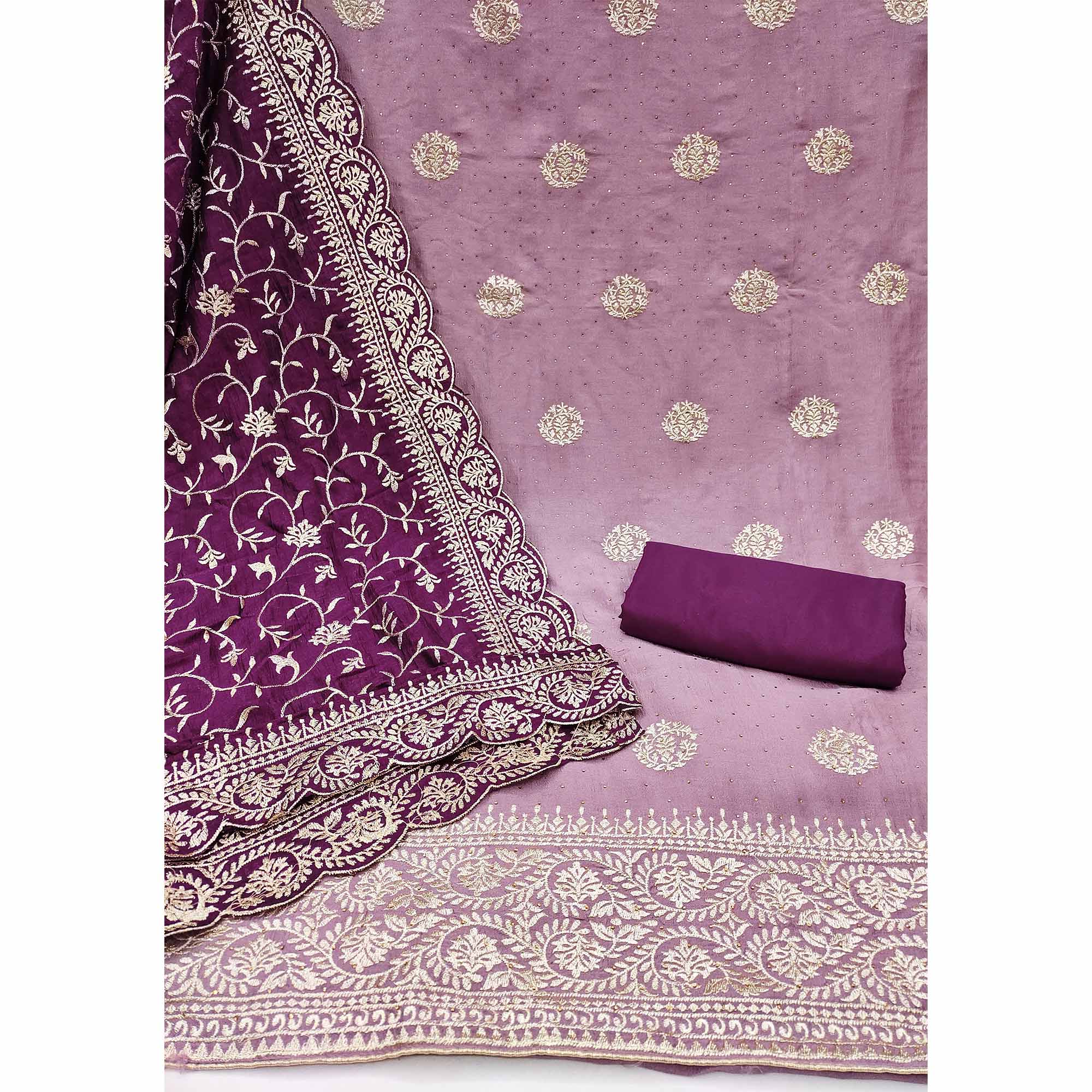 Mauve Floral Embroidered Chinon Dress Material