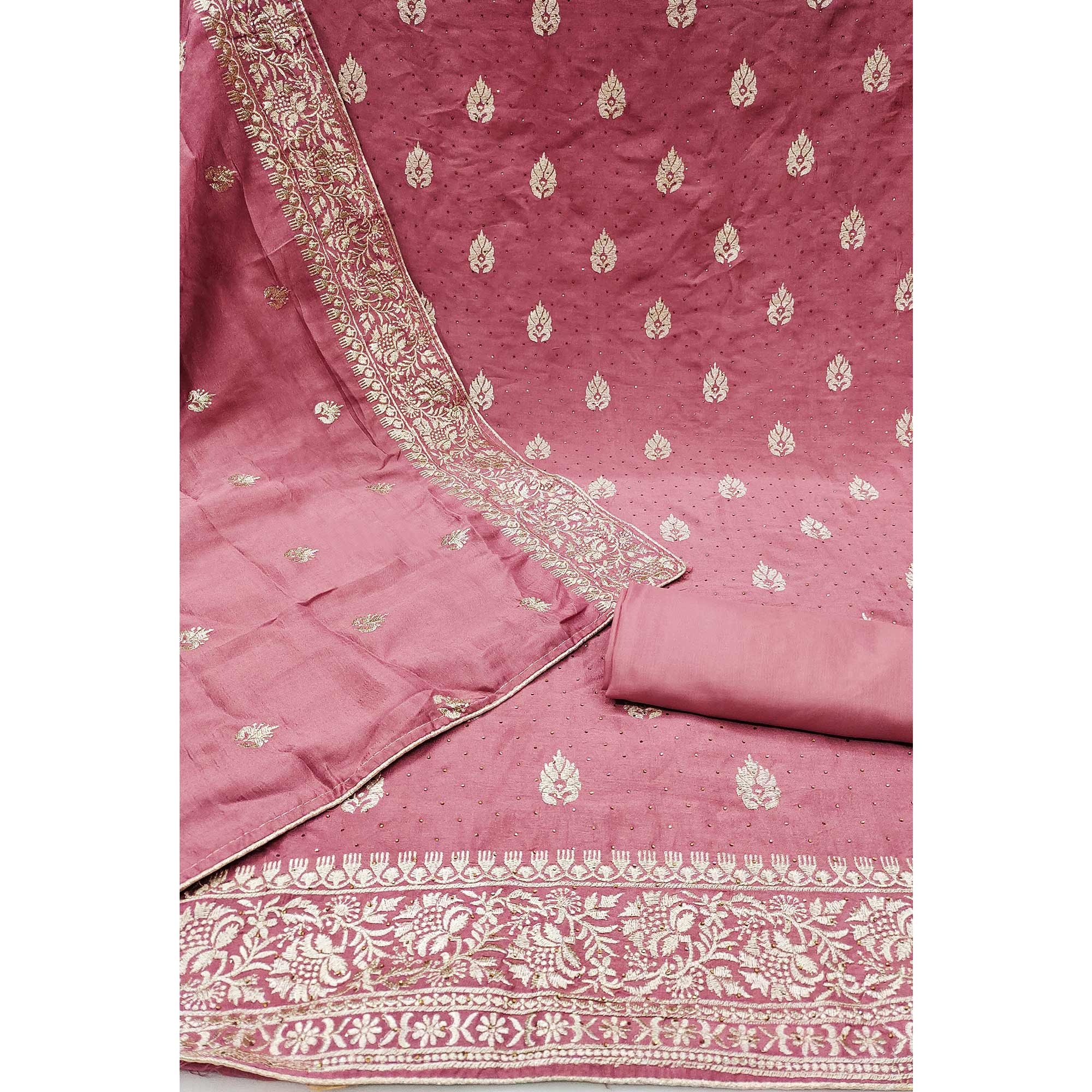 Pink Floral Embroidered Chinon Dress Material