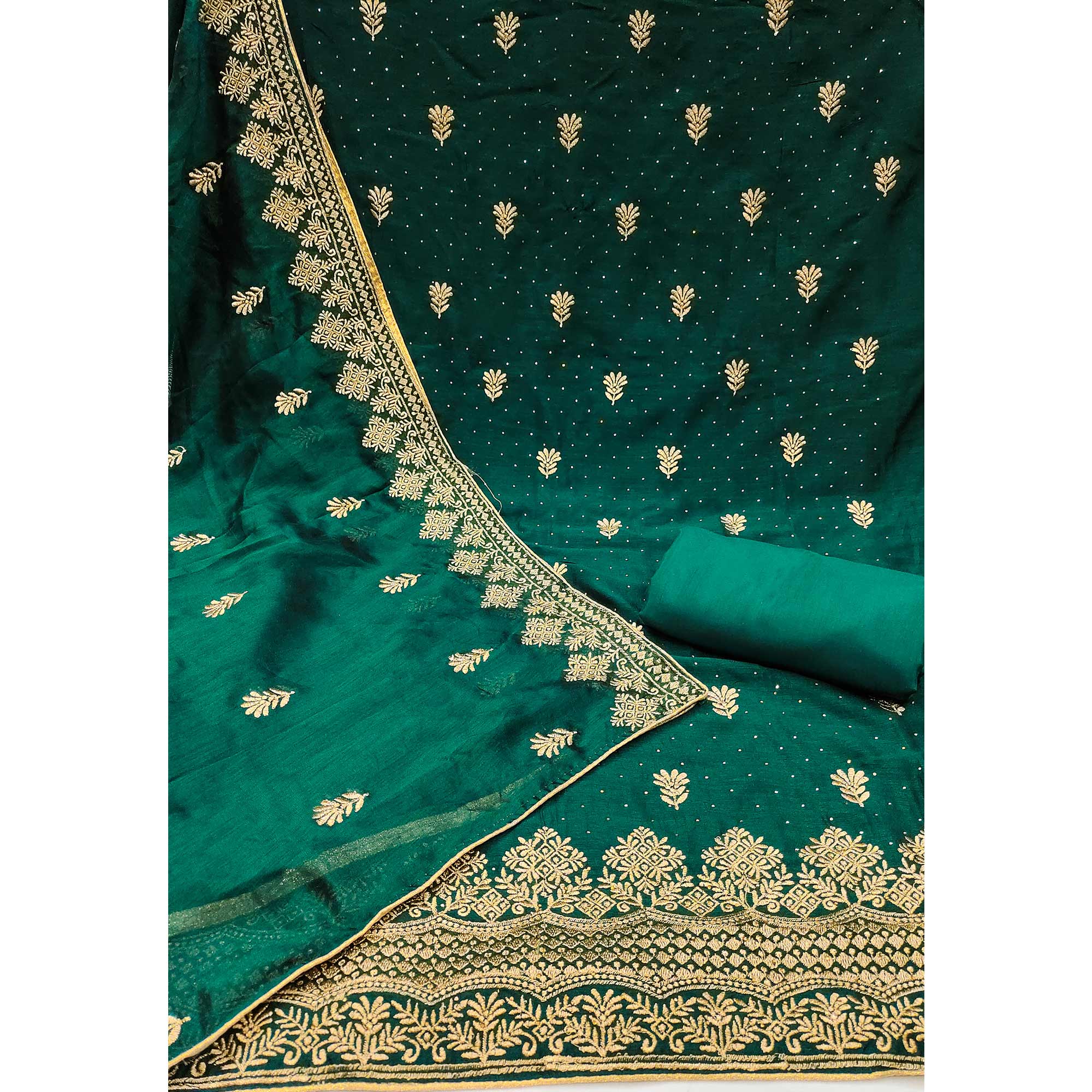 Green Floral Embroidered Chinon Dress Material