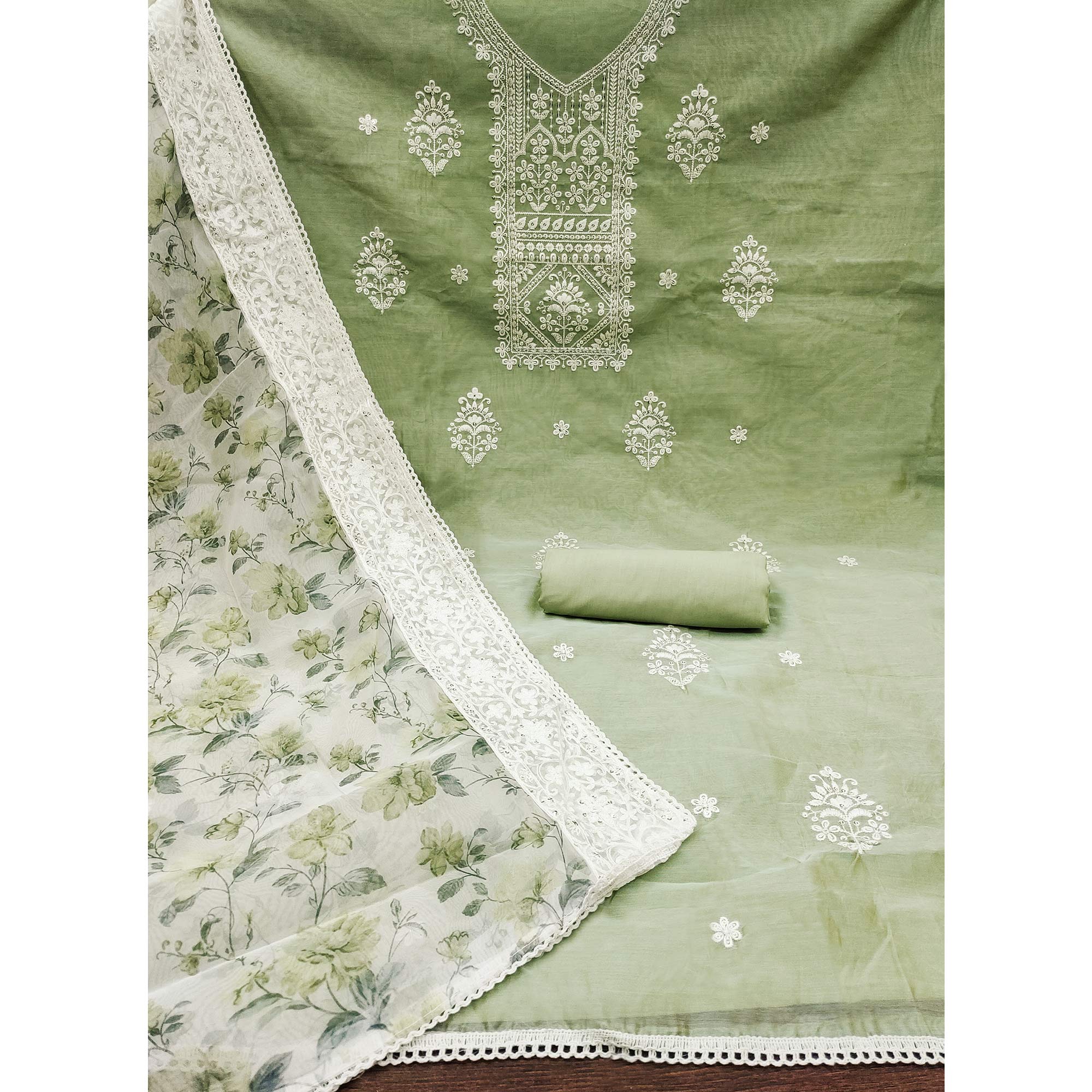 Green Floral Embroidered Chanderi Dress Material