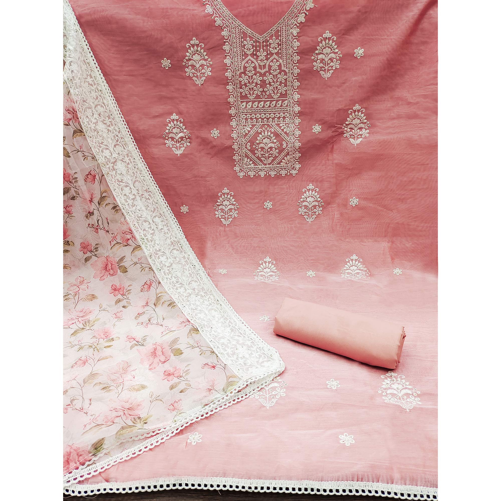 Peach Floral Embroidered Chanderi Dress Material