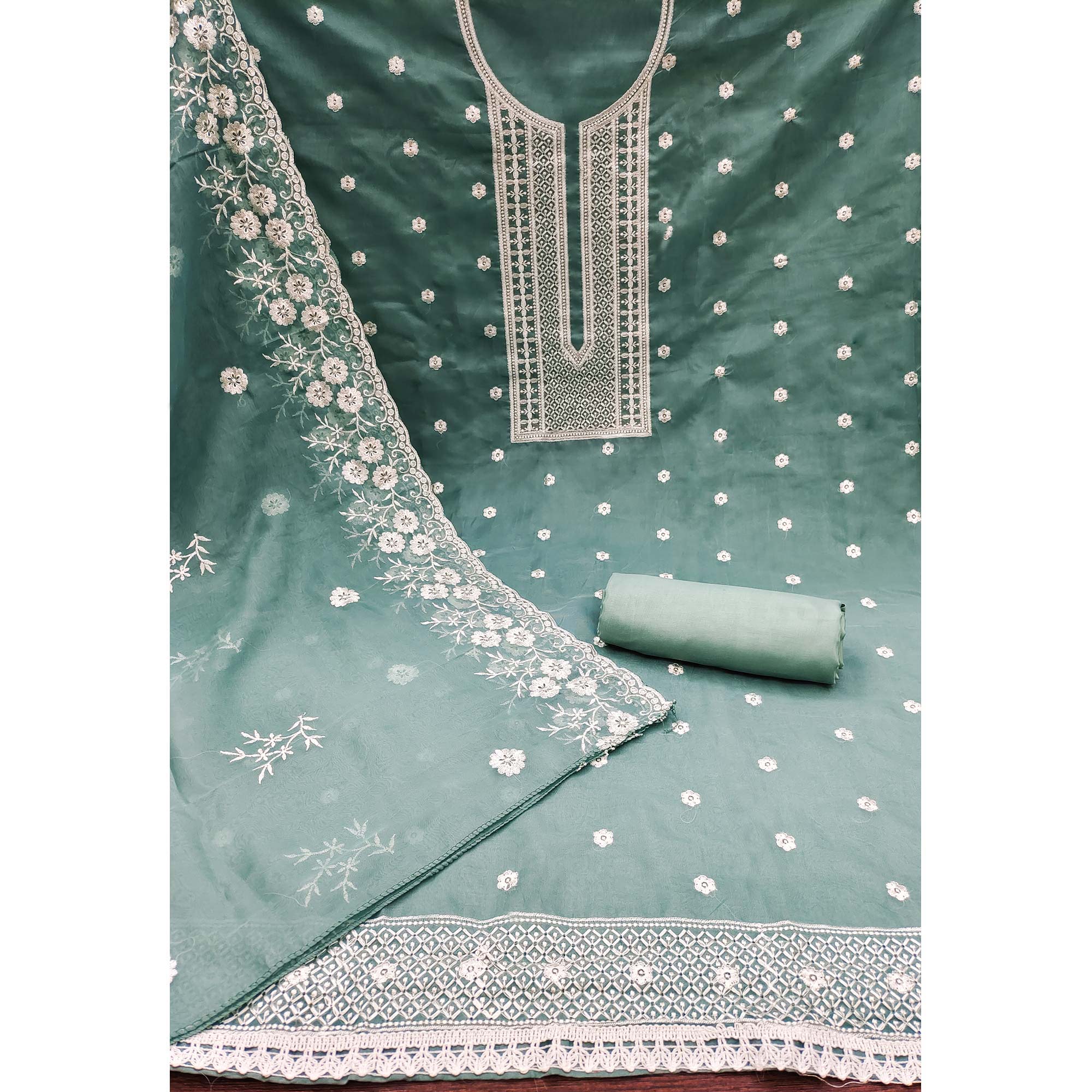 Blue Floral Embroidered Chanderi Dress Material
