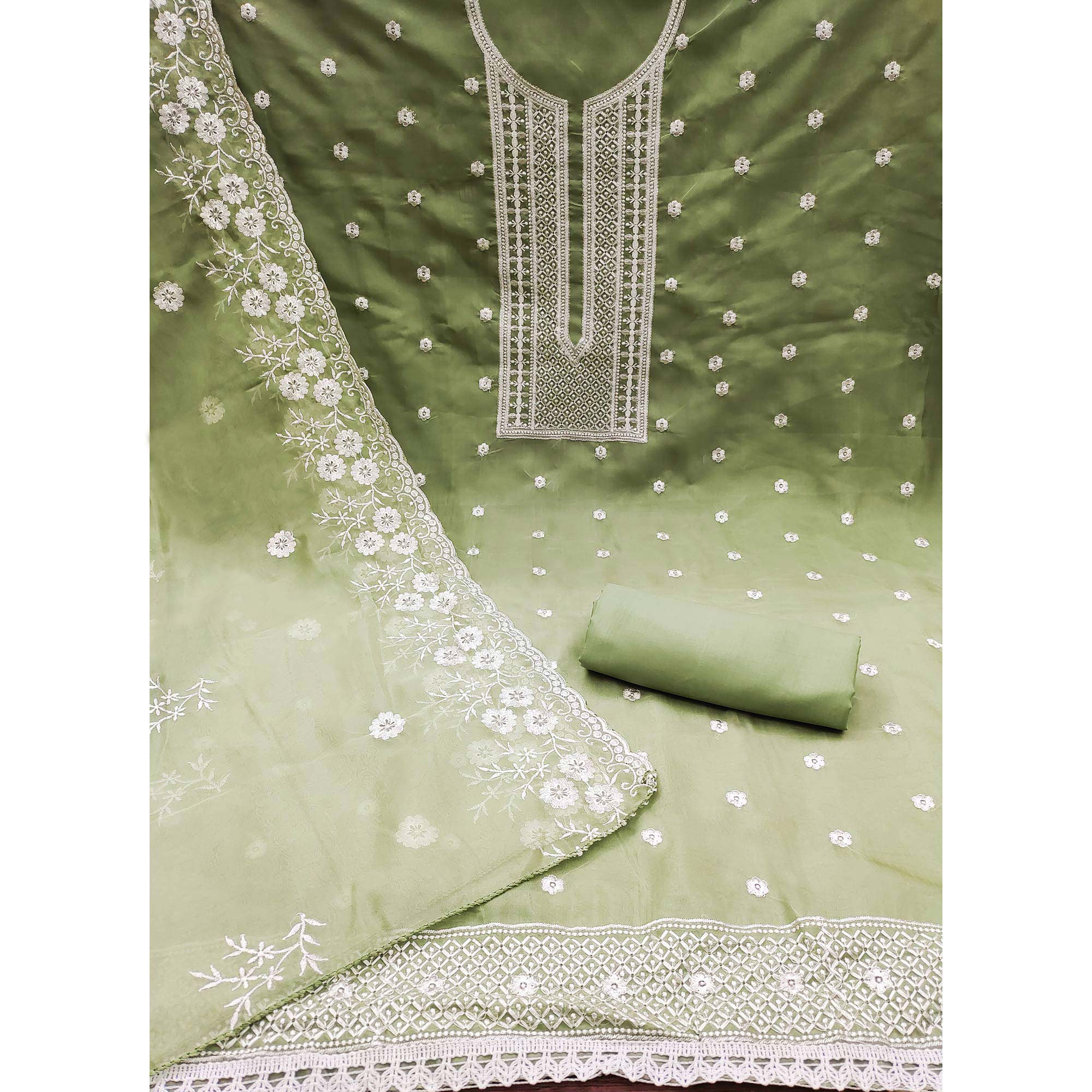 Green Floral Embroidered Chanderi Dress Material