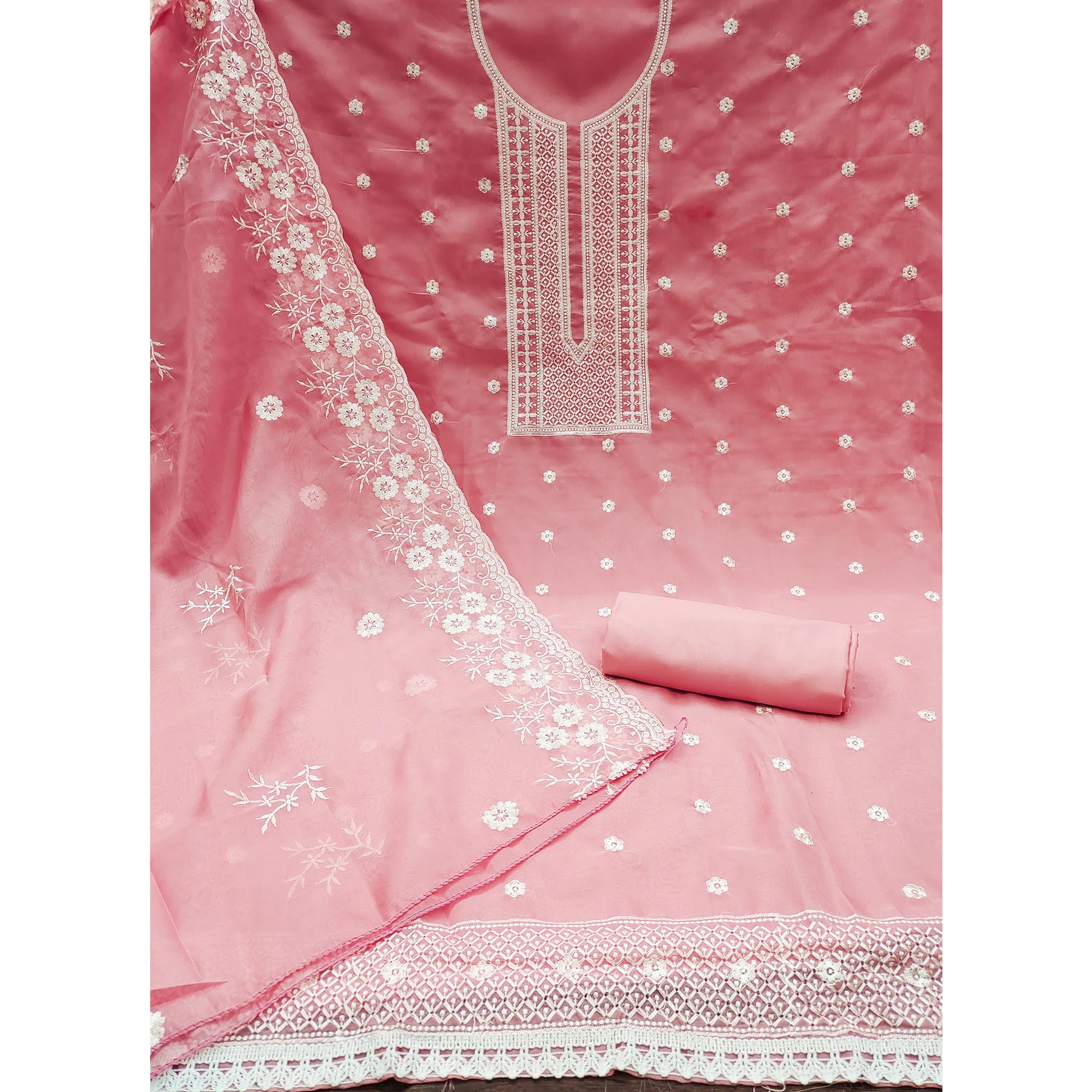 Peach Floral Embroidered Chanderi Dress Material