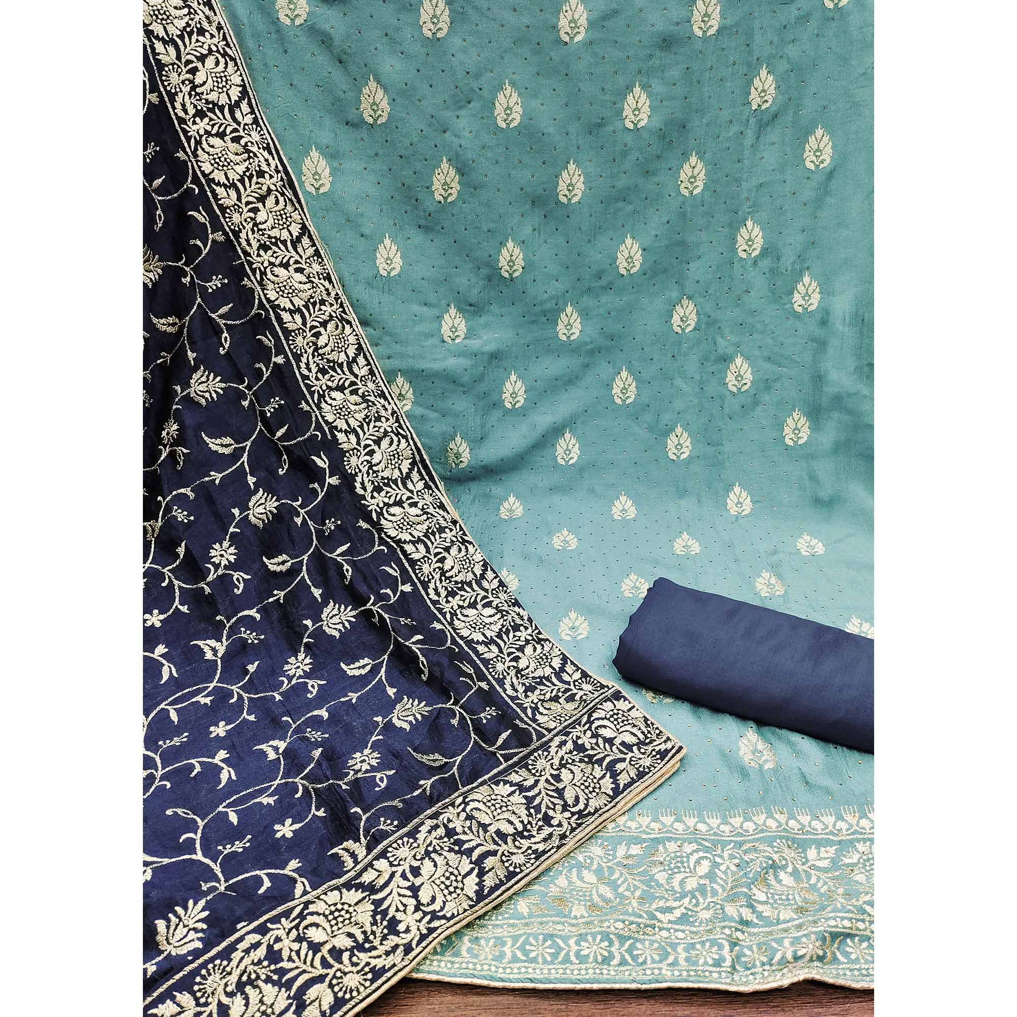 Blue Floral Embroidered Chinon Dress Material