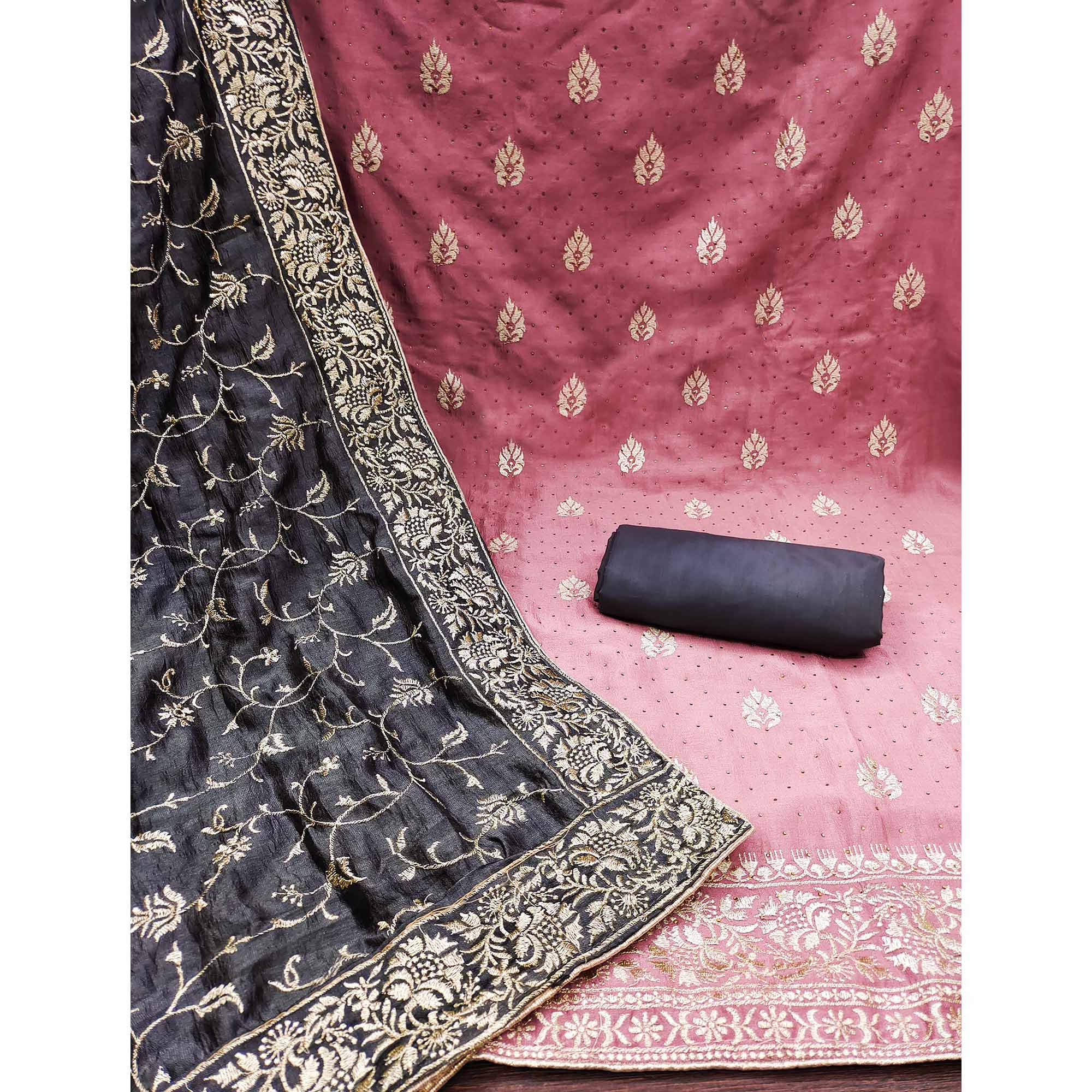 Pink Floral Embroidered Chinon Dress Material