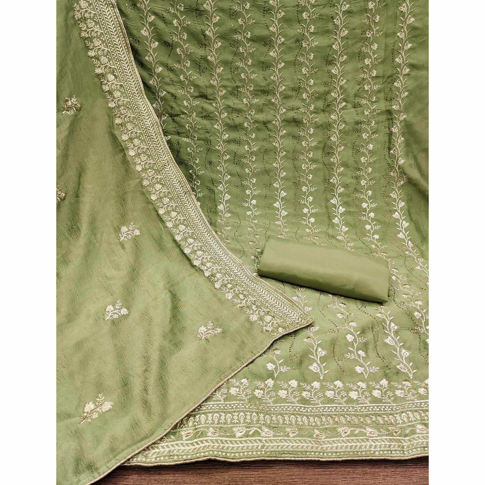 Green Floral Embroidered Chinon Dress Material