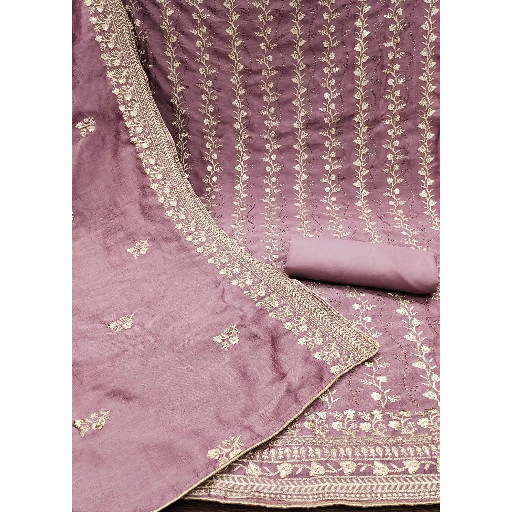 Mauve Floral Embroidered Chinon Dress Material