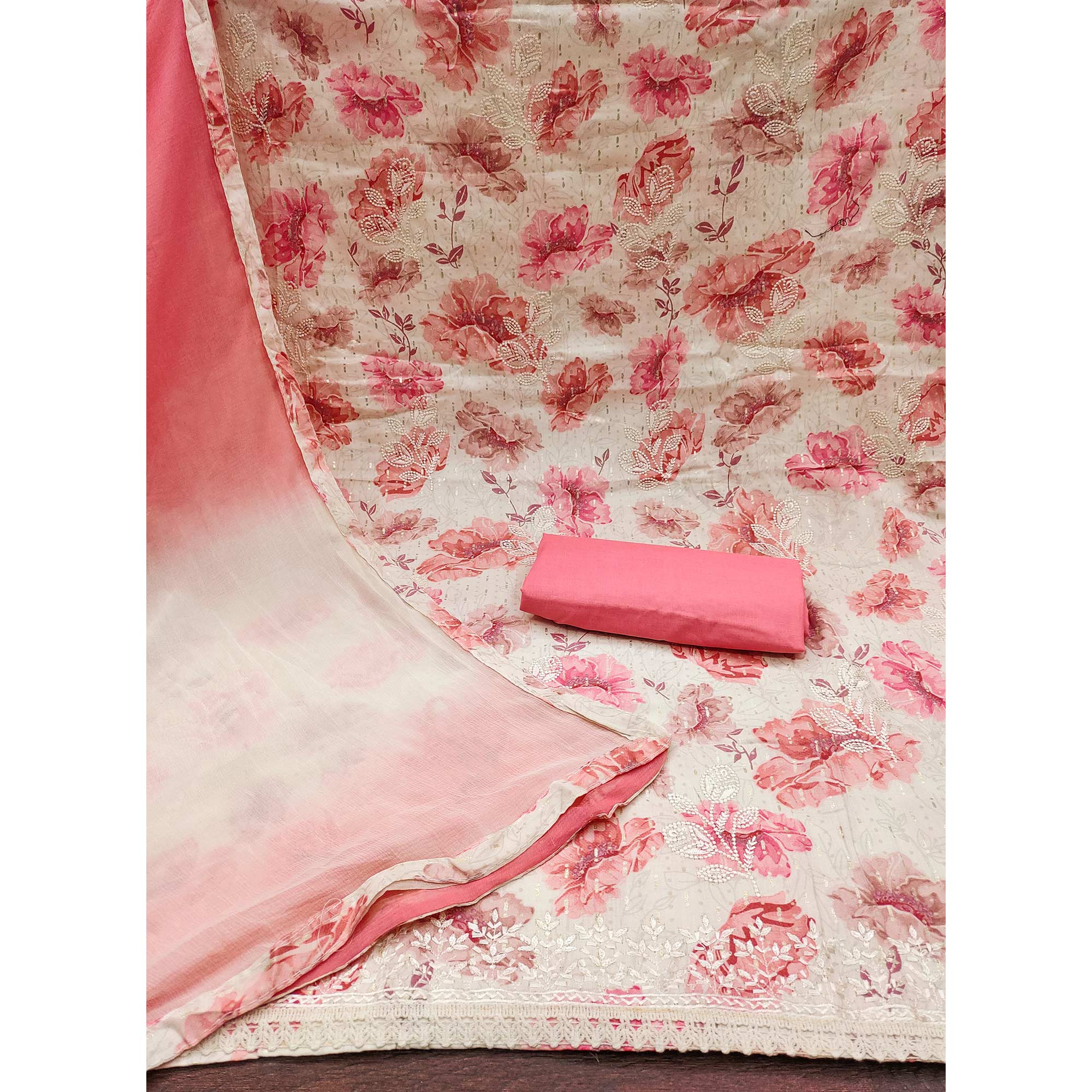 Off White & Pink Printed With Embroidered Pure Cotton Dress Material