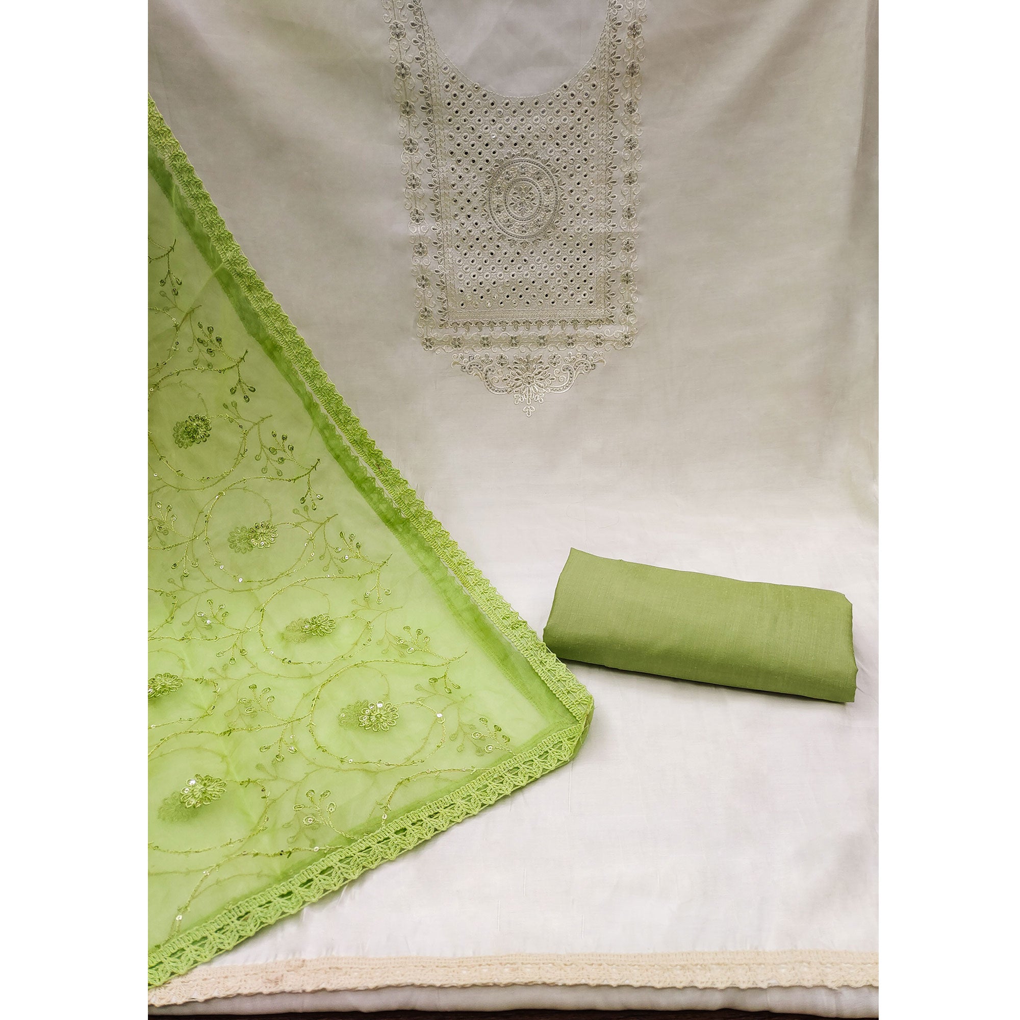 Off White & Green Floral Embroidered Muslin Dress Material