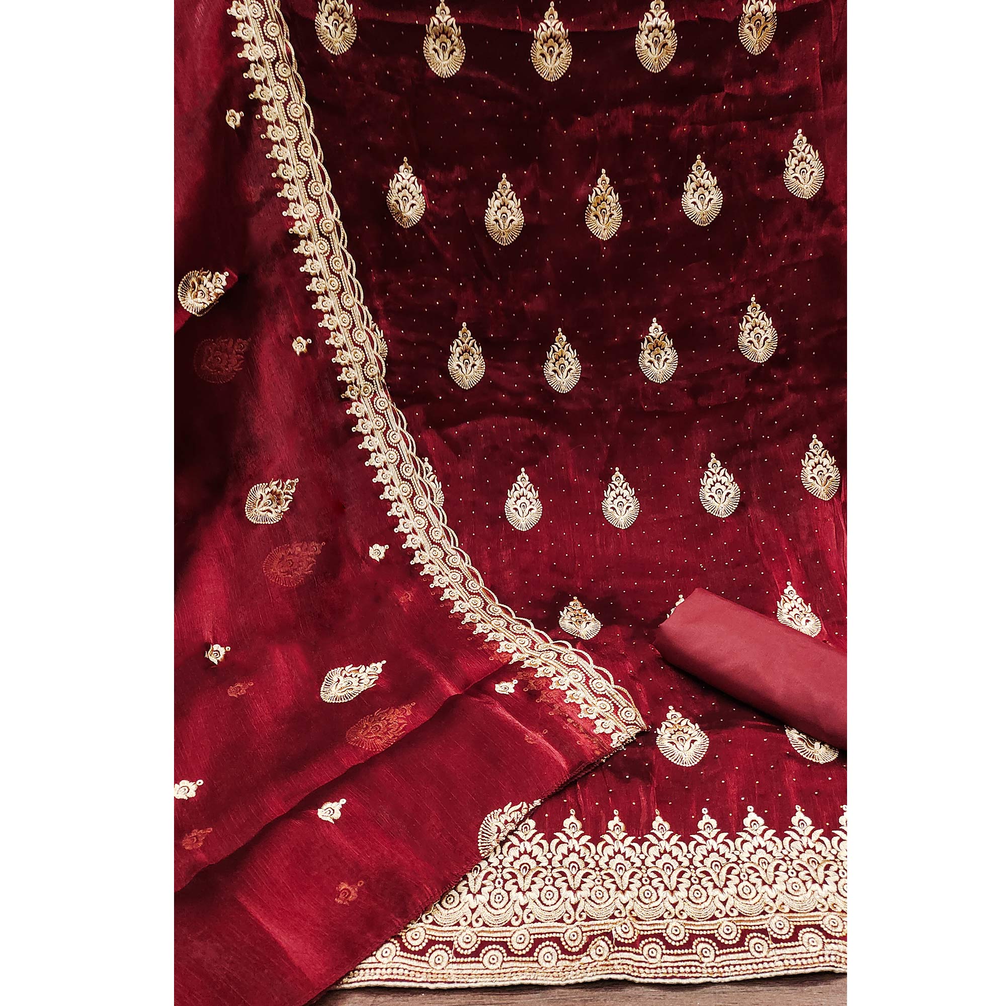Maroon Embroidery With Stonework Mulberry Dress Material