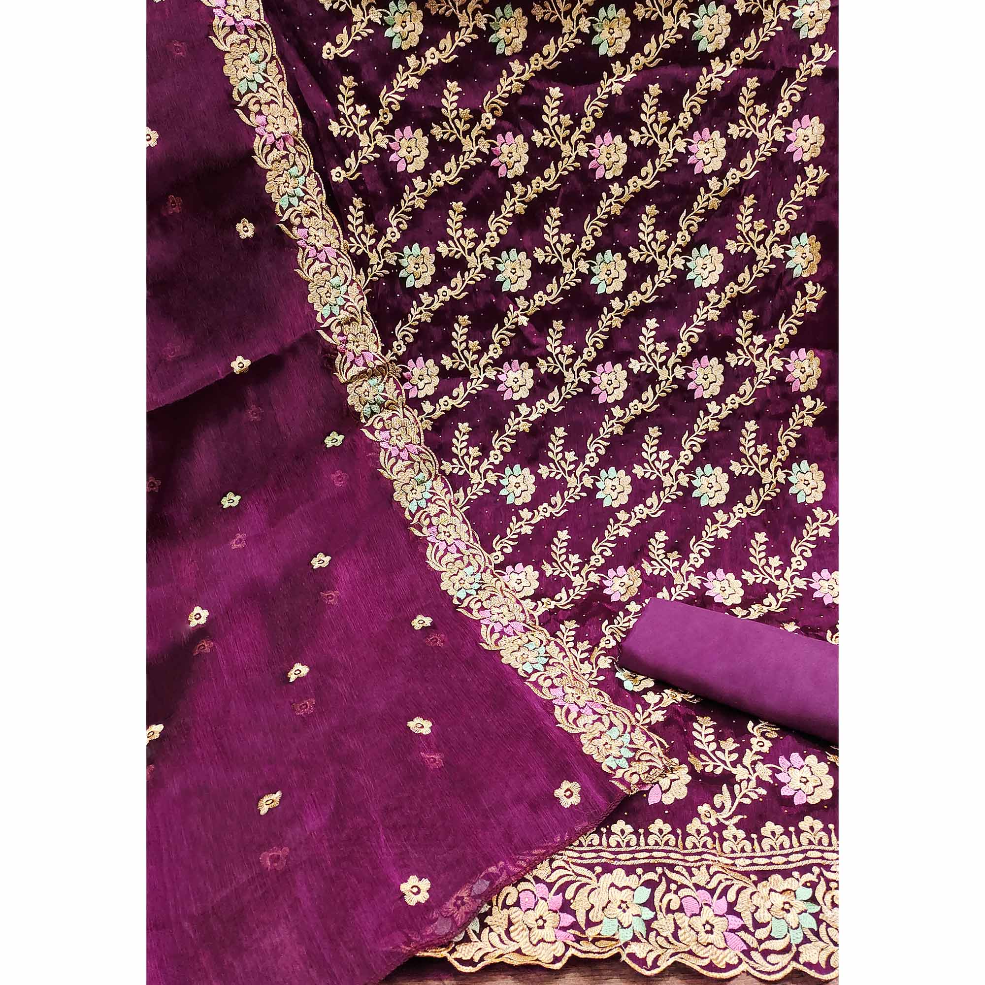 Purple Floral Embroidery With Stonework Mulberry Silk Dress Material