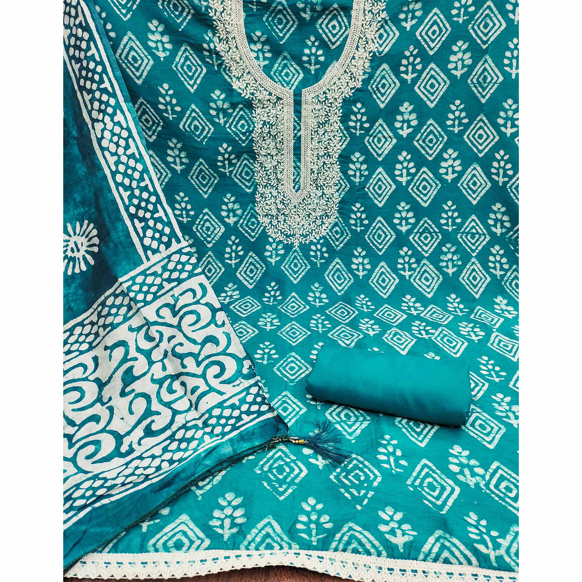 Teal Batik Printed With Embroidered Pure Cotton Dress Material