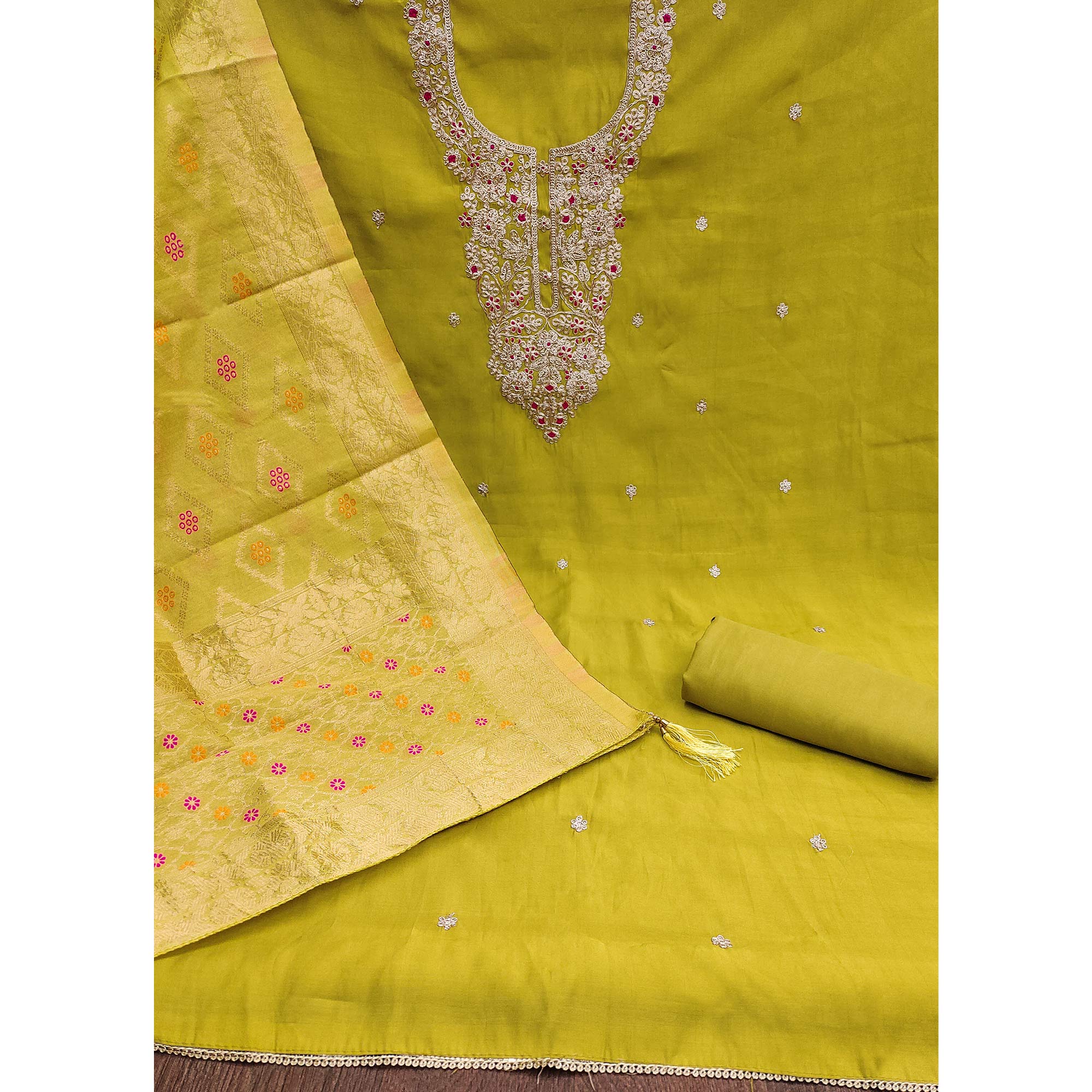 Green Floral Sequins Embroidered Roman Cotton Silk Dress Material