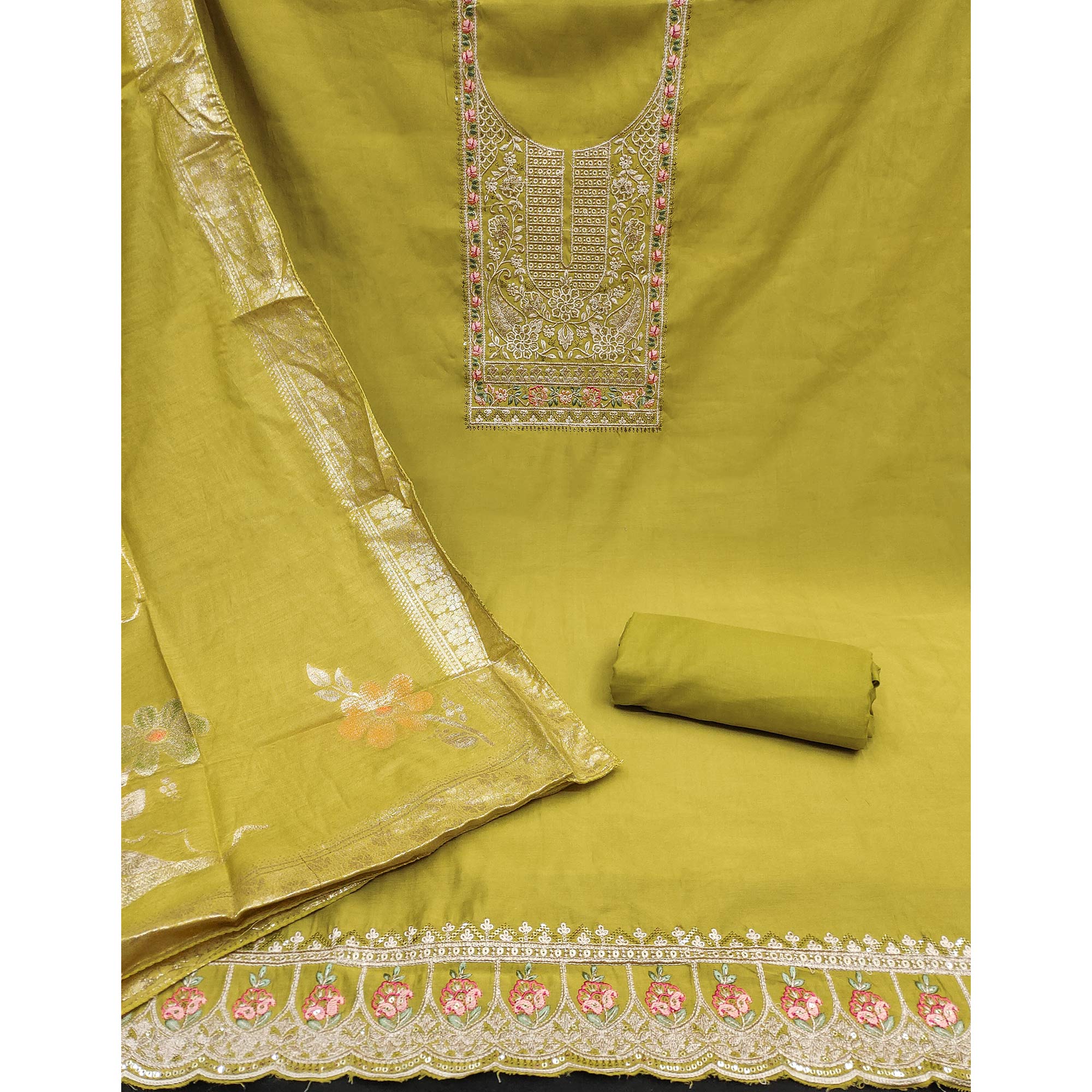 Green Floral Sequins Embroidered Roman Cotton Silk Dress Material