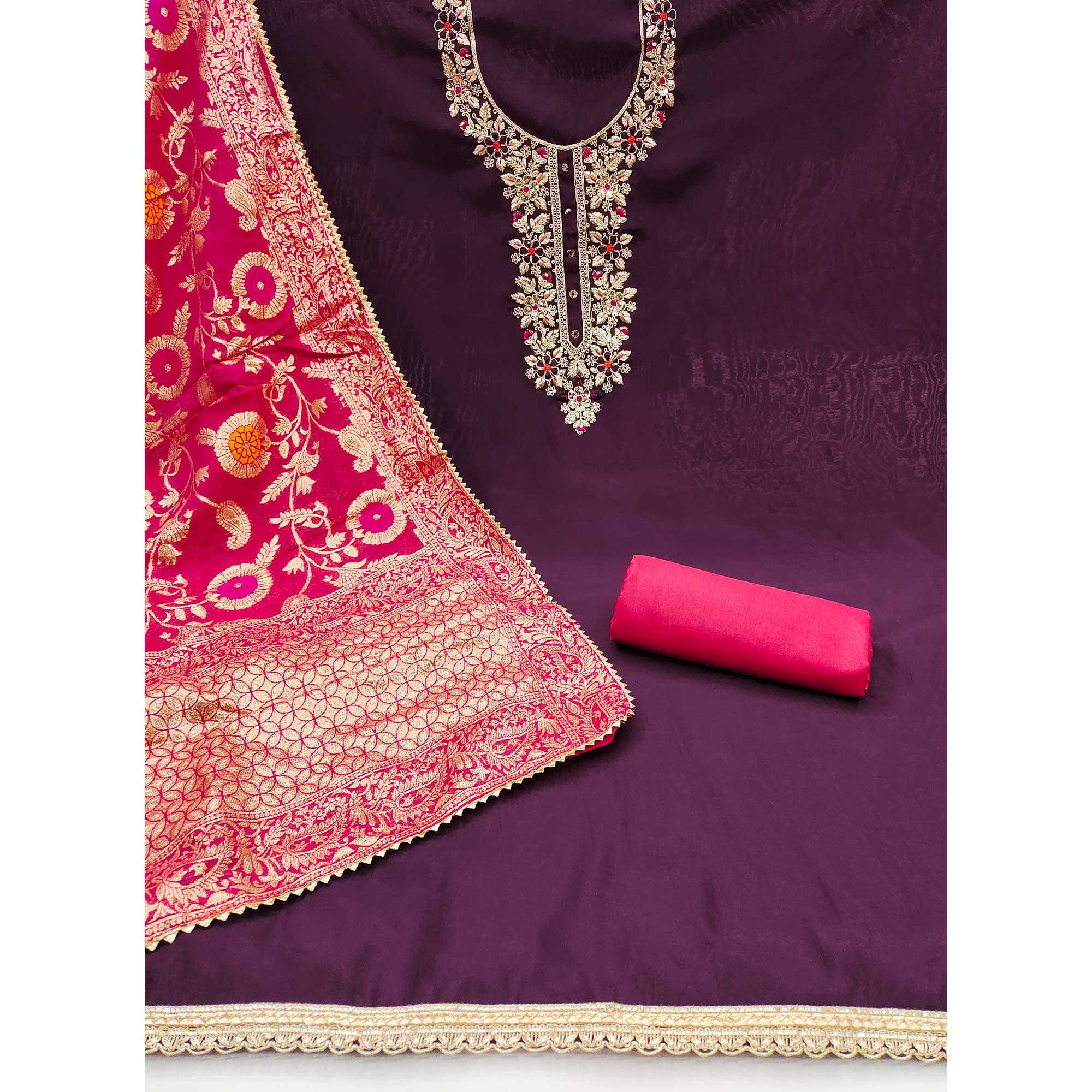 Wine Floral Sequins Embroidered Cotton Roman Silk Dress Material