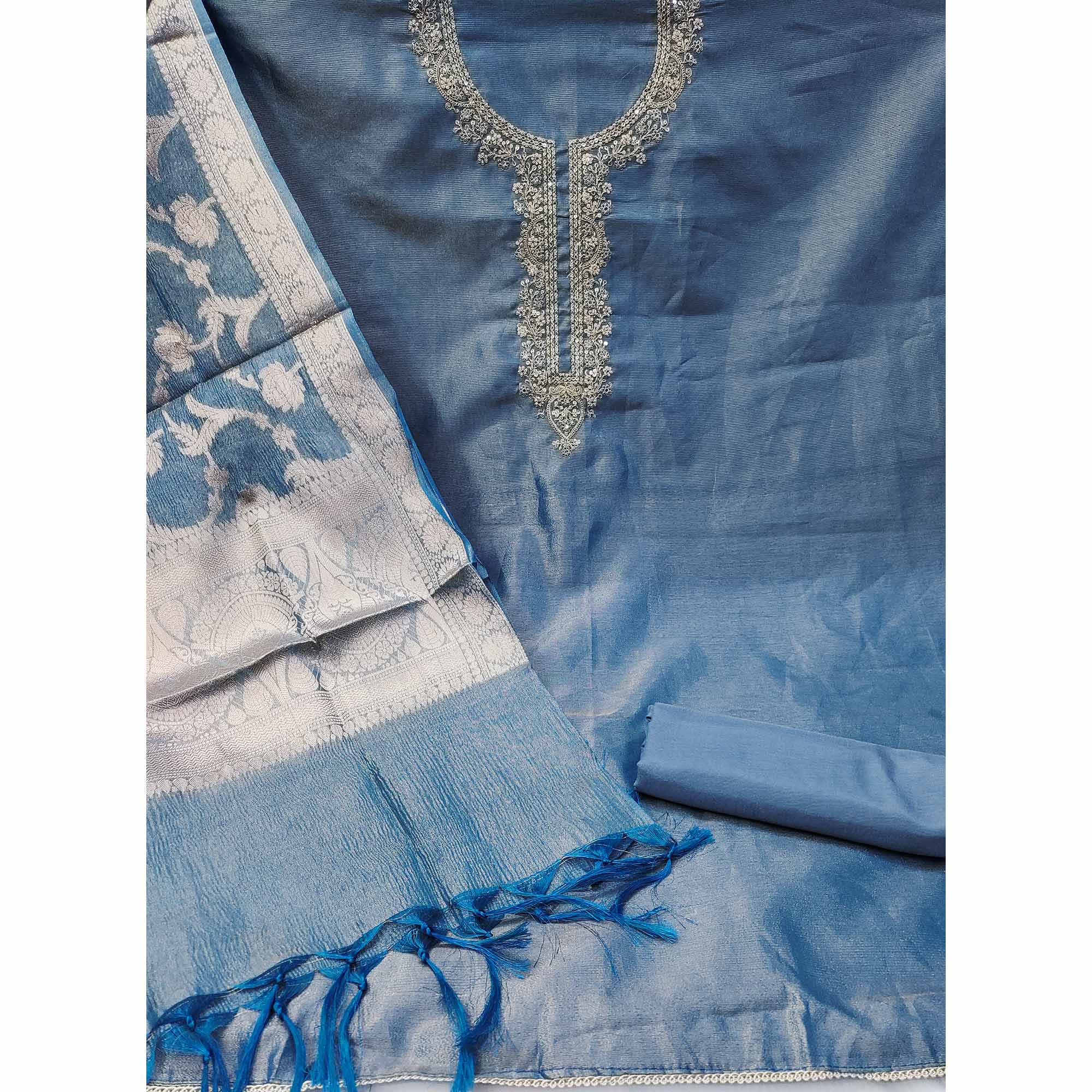 Blue Woven With Embroidered Banarasi Silk Shimmer Crush Dress Material
