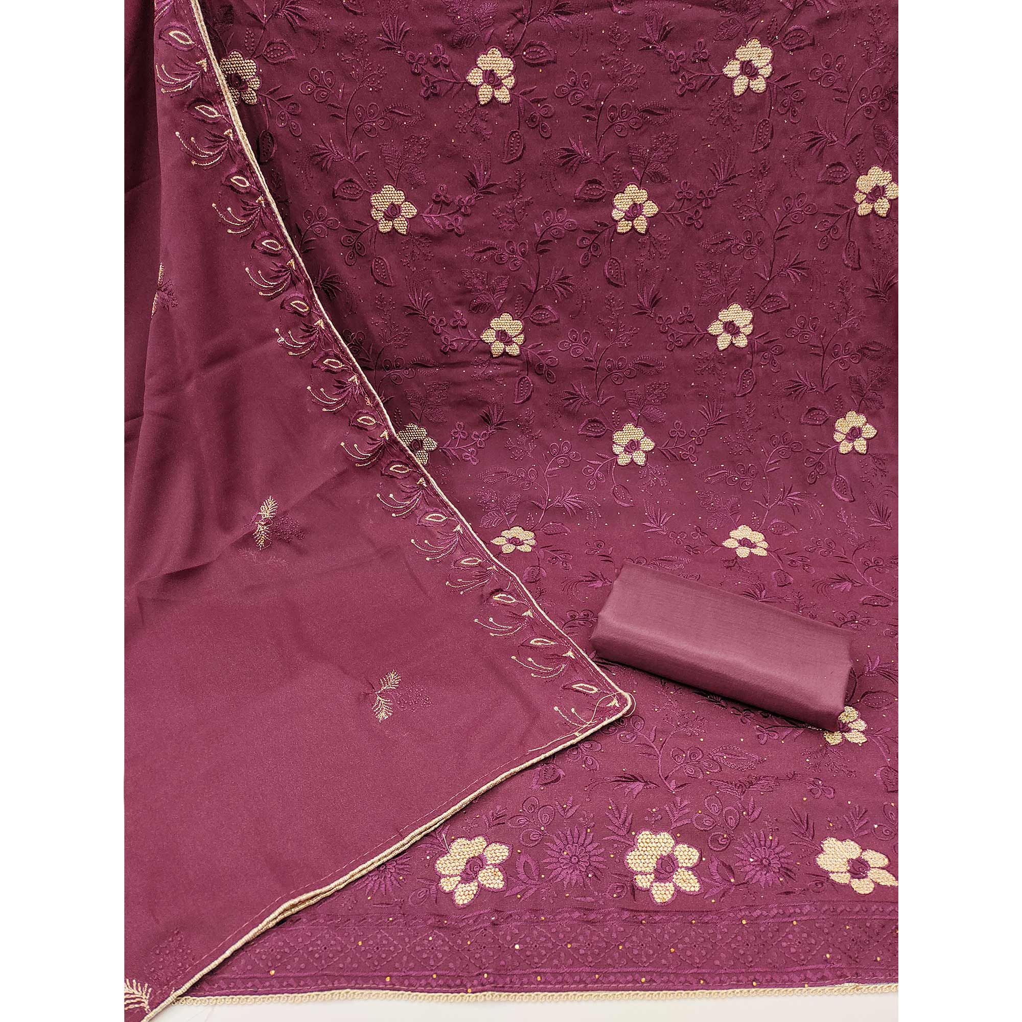 Dark Mauve Floral Embroidered With Stonework Georgette Dress Material