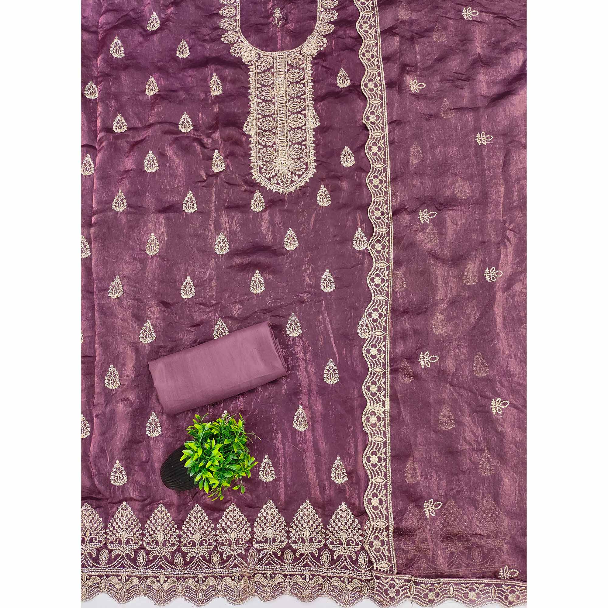 Purple Satin Dress Material Adorned With Elegant Floral Zari Embroidery & Intricate Handwork