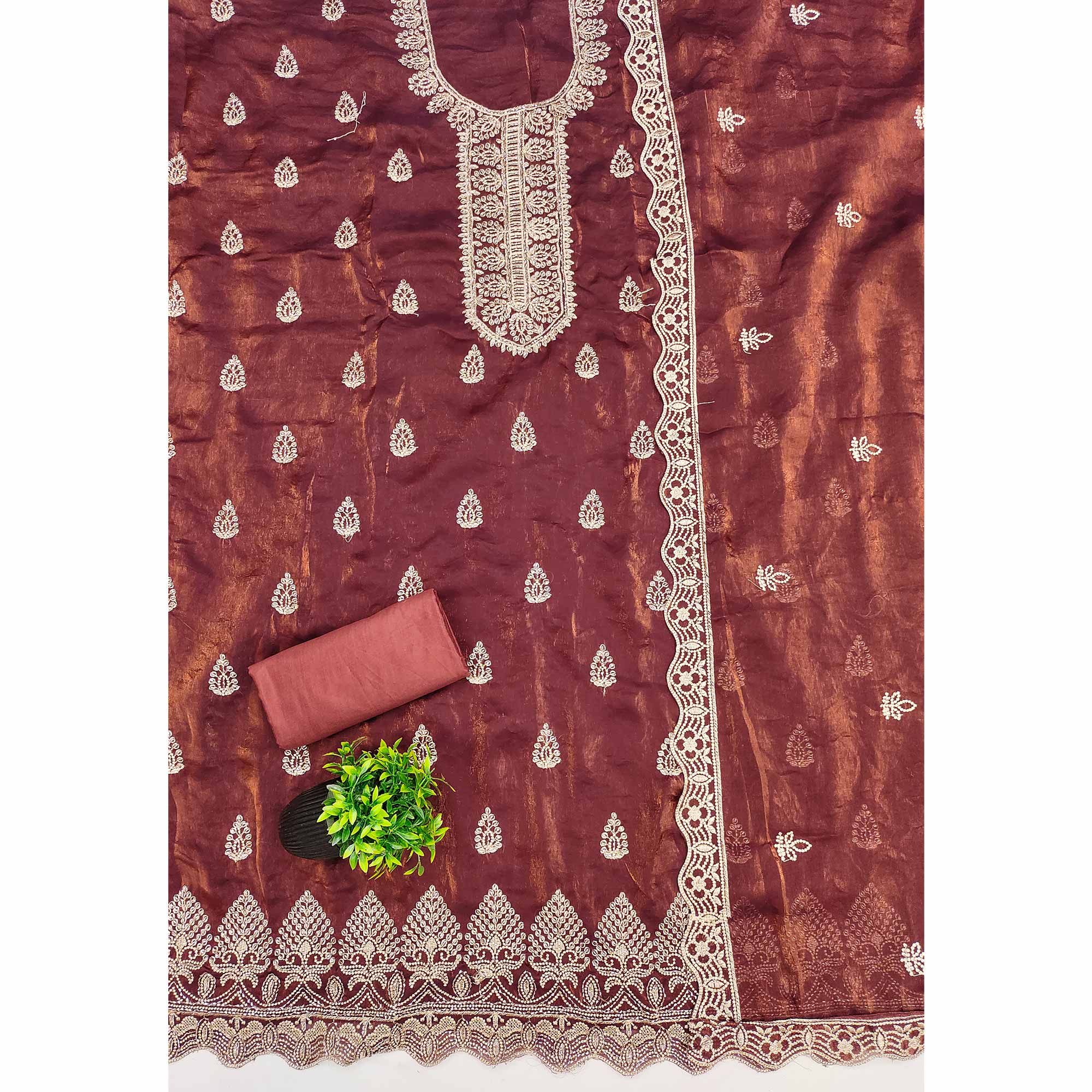 Rust Satin Dress Material Adorned With Elegant Floral Zari Embroidery & Intricate Handwork