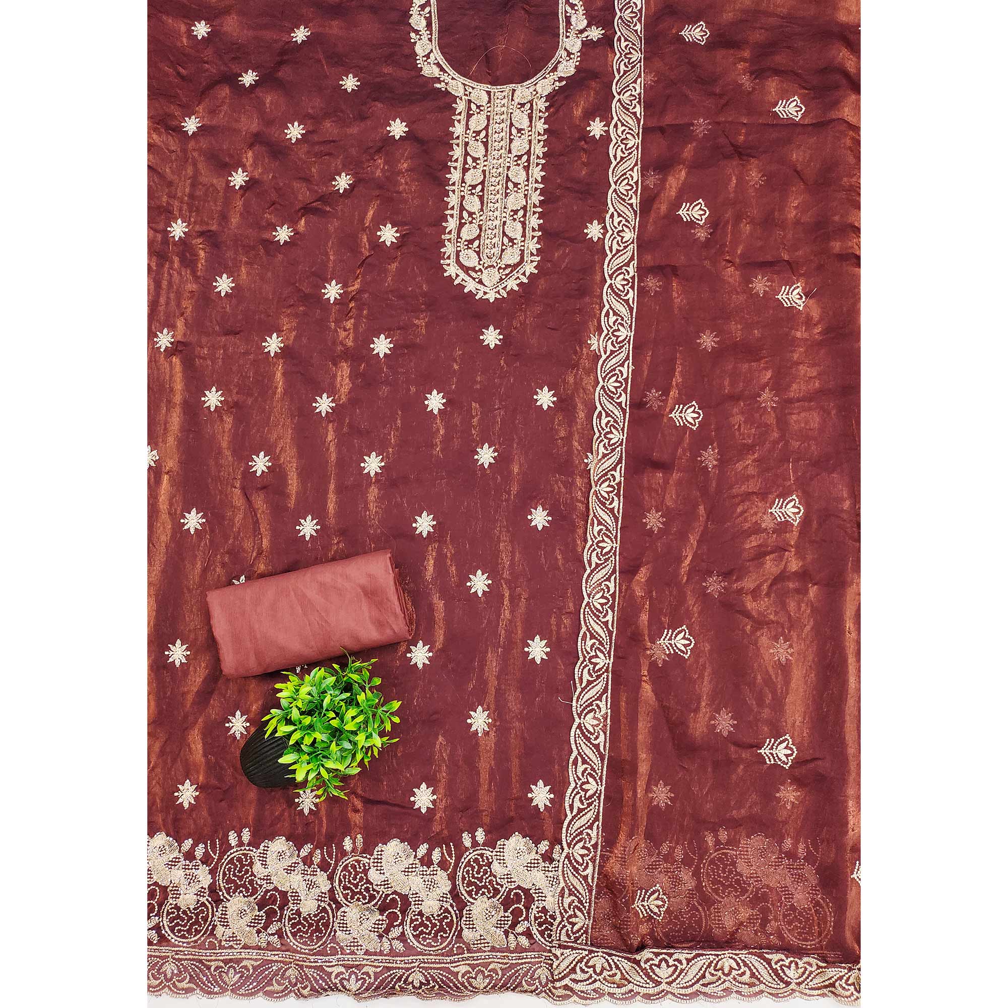 Rust Satin Dress Material Featuring Exquisite Floral Embroidery With Detailed Handwork Accents