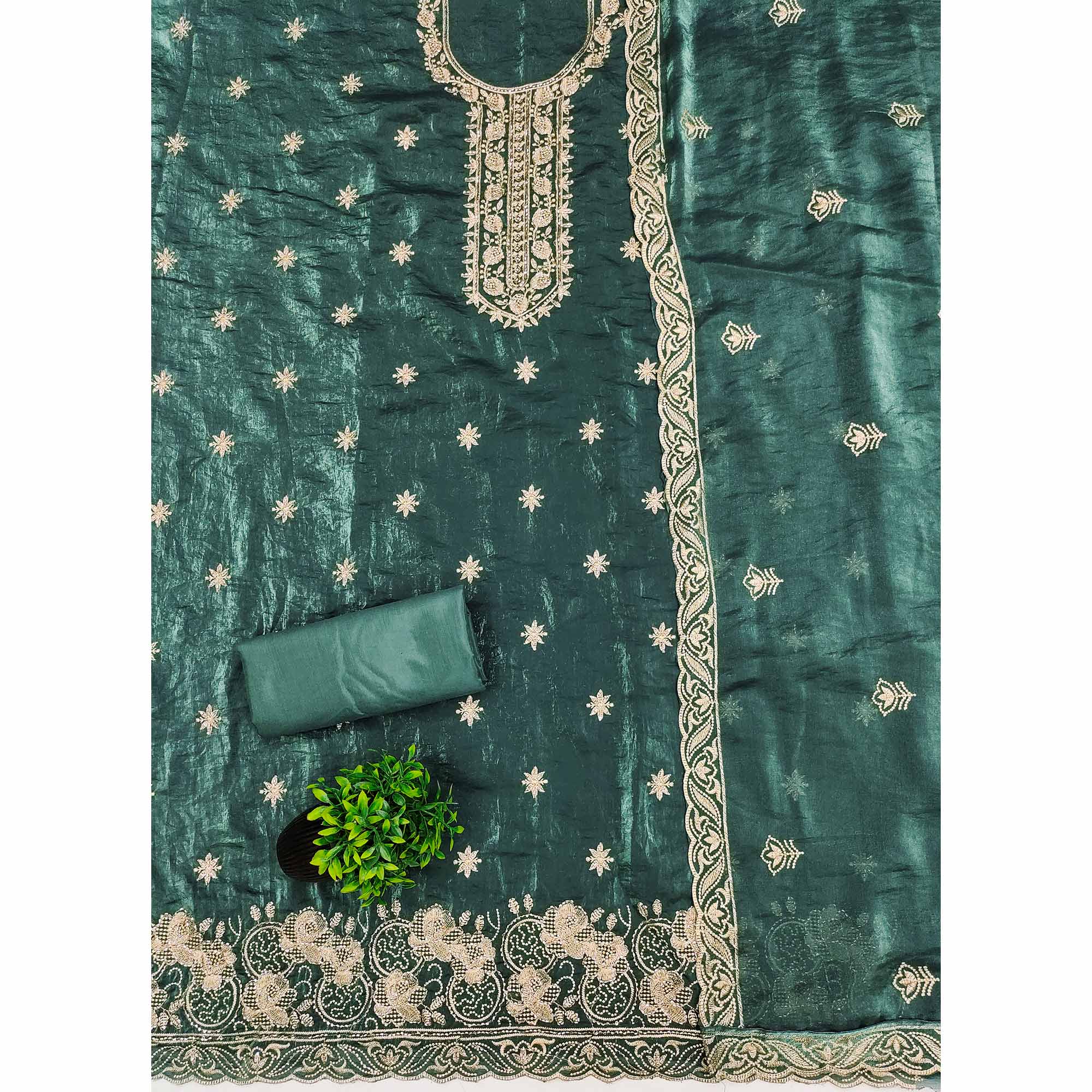 Teal Satin Dress Material Featuring Exquisite Floral Embroidery With Detailed Handwork Accents