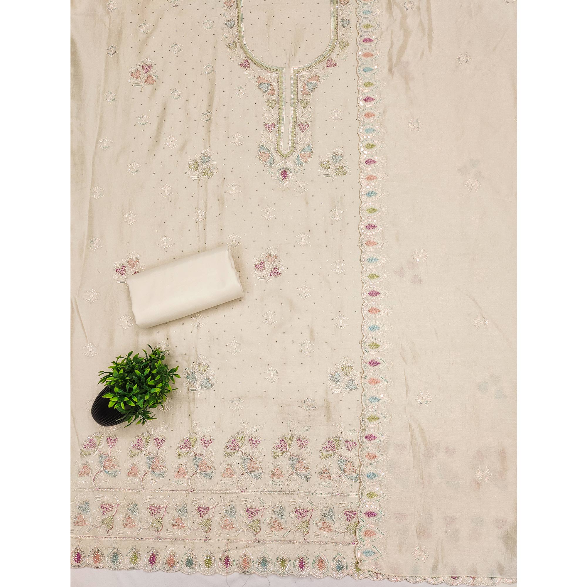 Cream Vichitra Silk Dress Material Adorned With Elegant Floral Embroidery & Sparkling Stonework