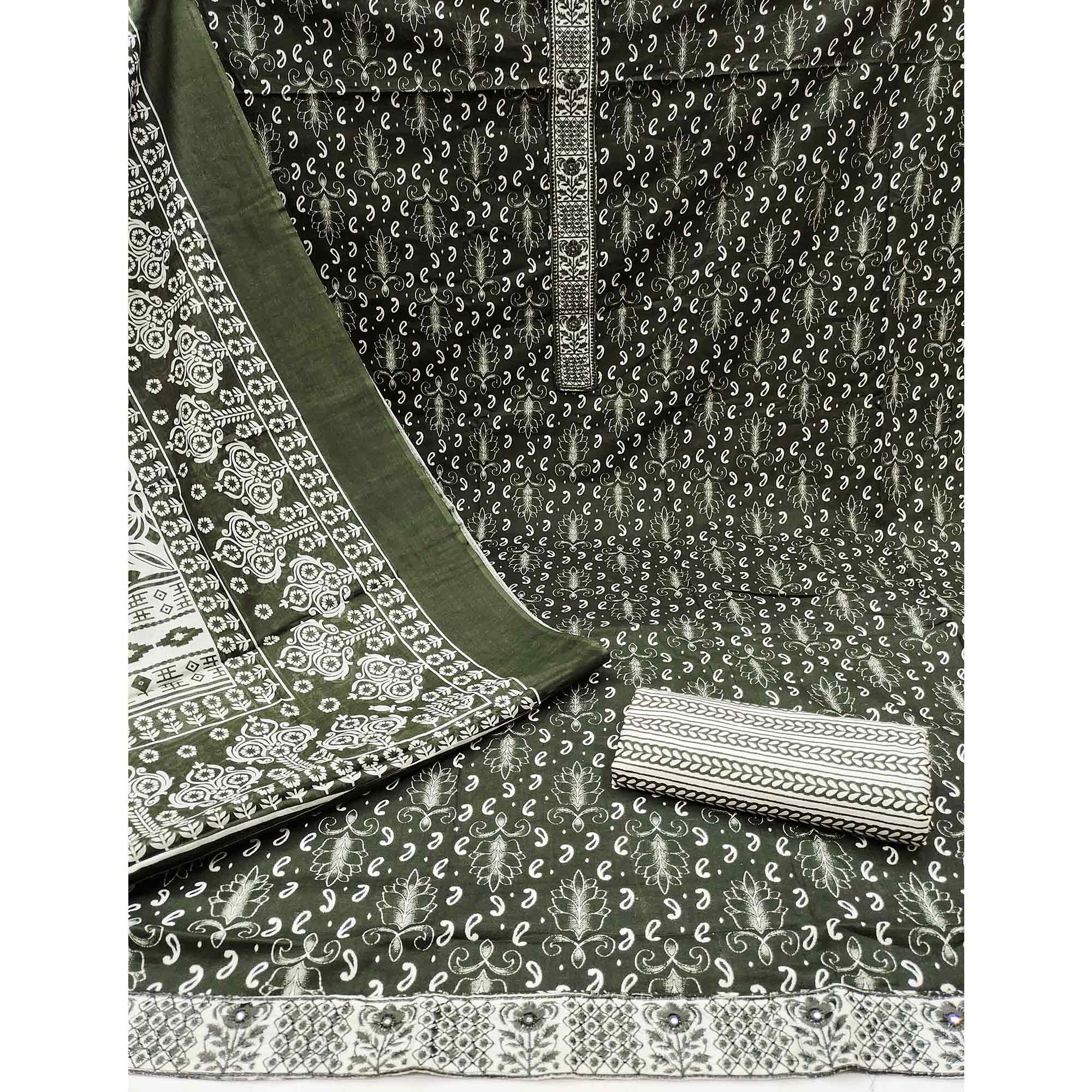 Green Foil Printed Pure Cotton Dress Material