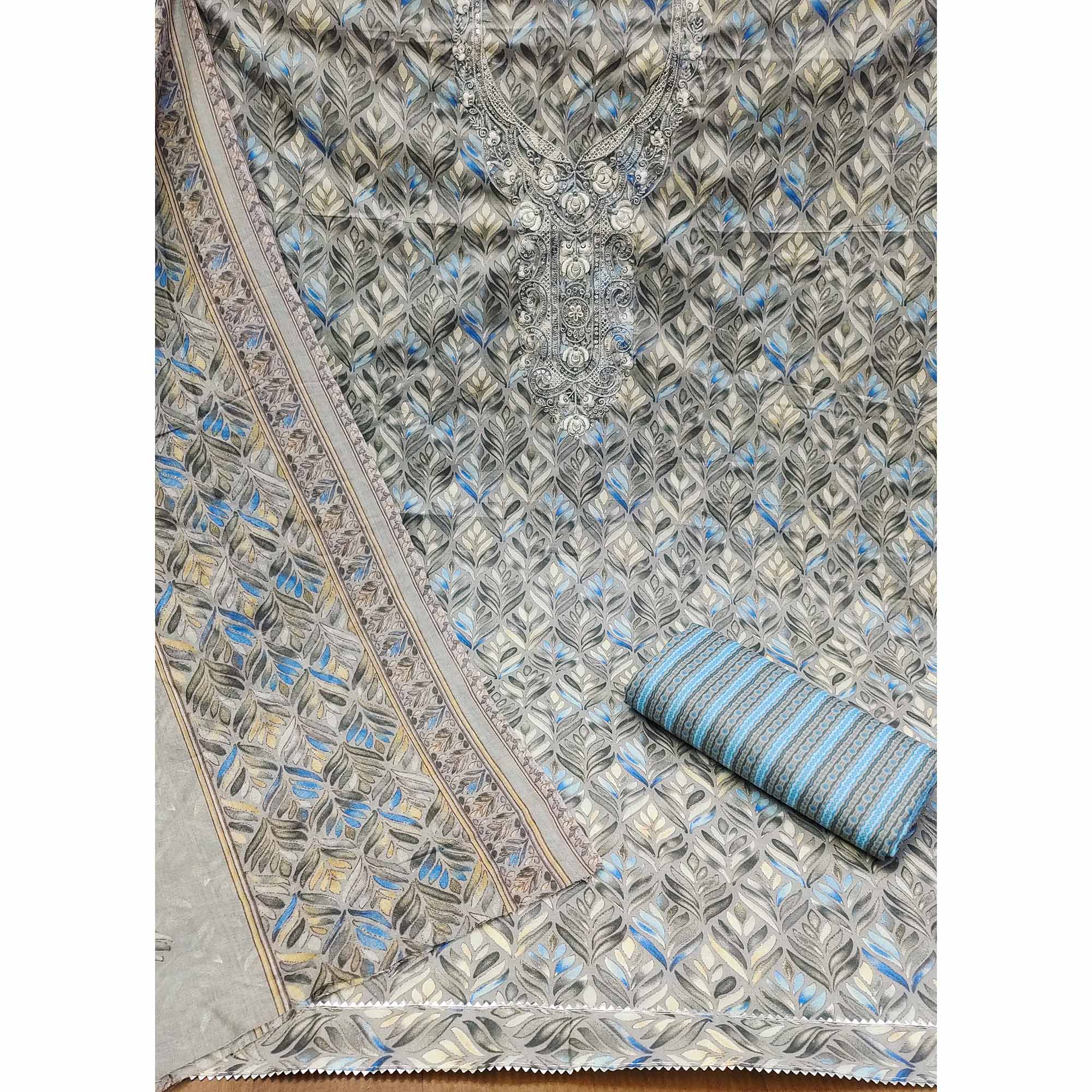 Grey Printed With Embroidery Pure Cotton Dress Material