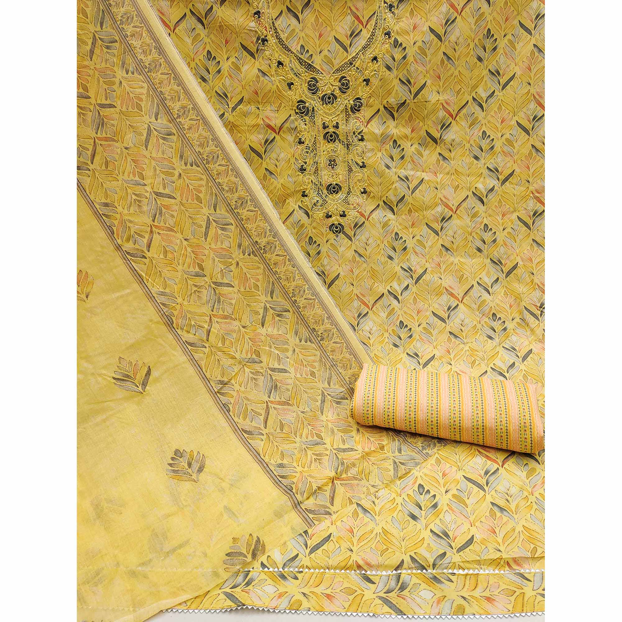 Yellow Printed With Embroidery Pure Cotton Dress Material