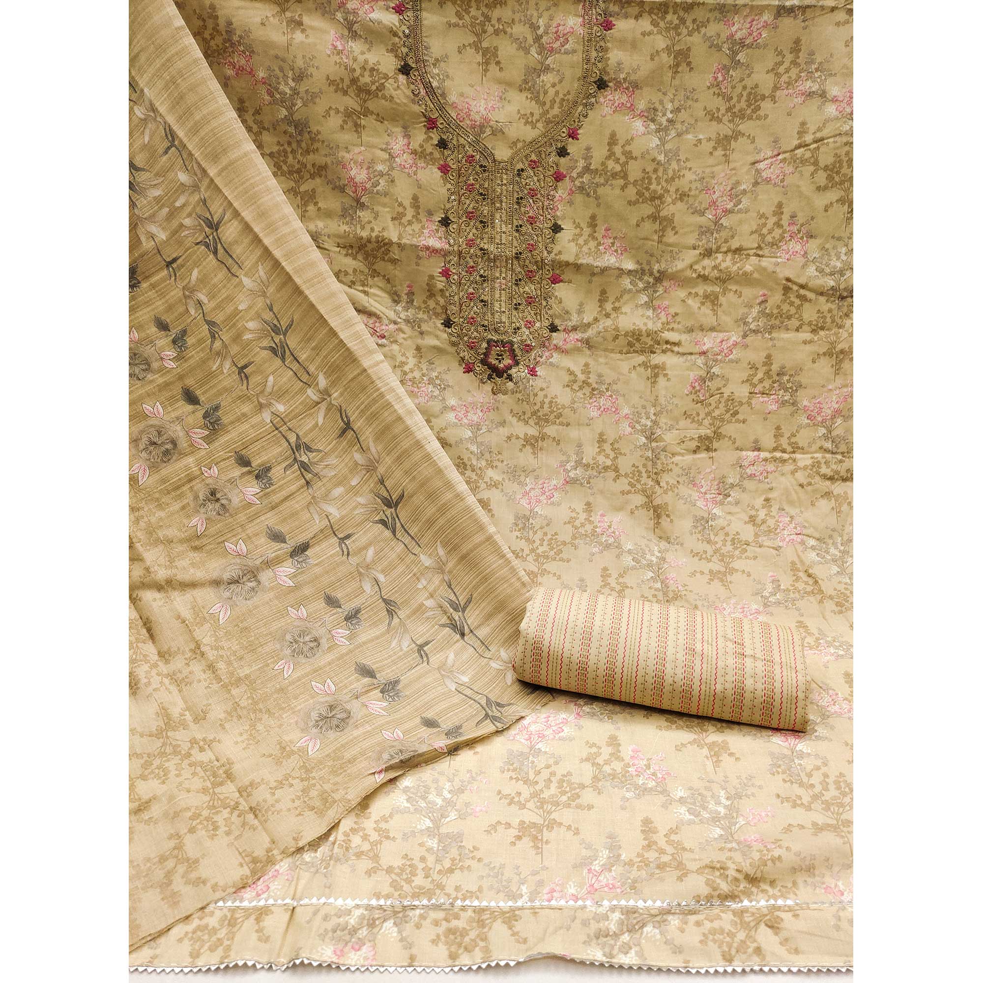 Cream Floral Printed With Embroidery Pure Cotton Dress Material