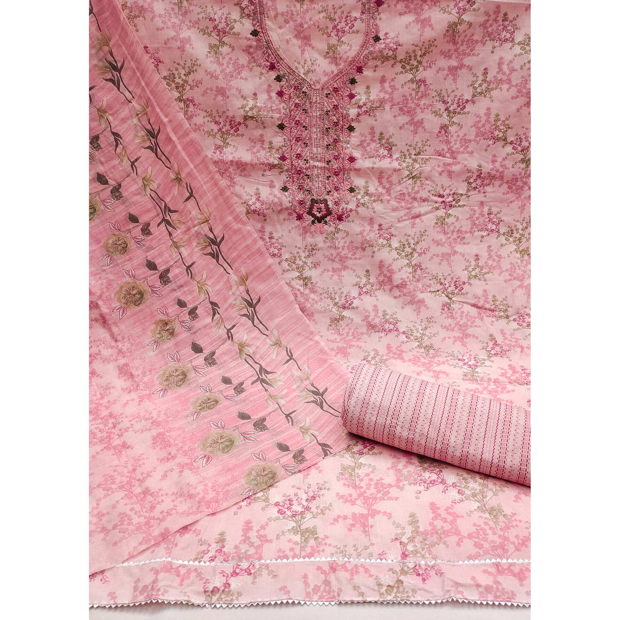 Pink Floral Printed With Embroidery Pure Cotton Dress Material