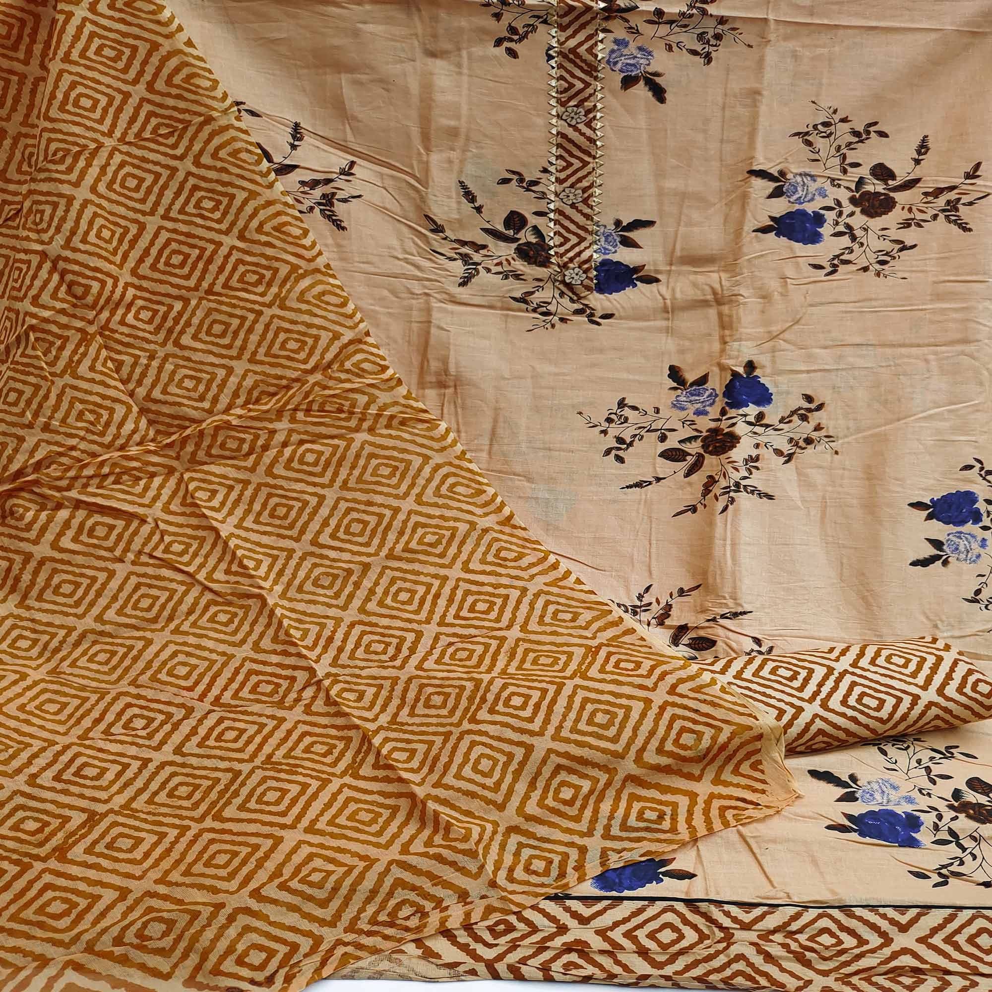Beige Floral Printed Cotton Blend Dress Material