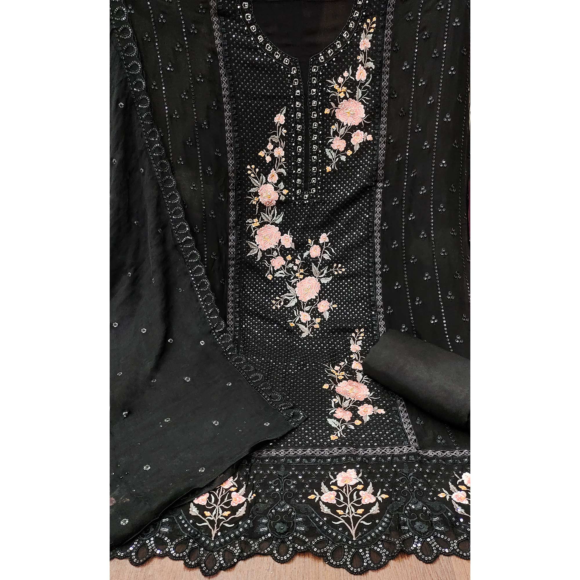 Black Floral Sequins Embroidered Georgette Dress Material
