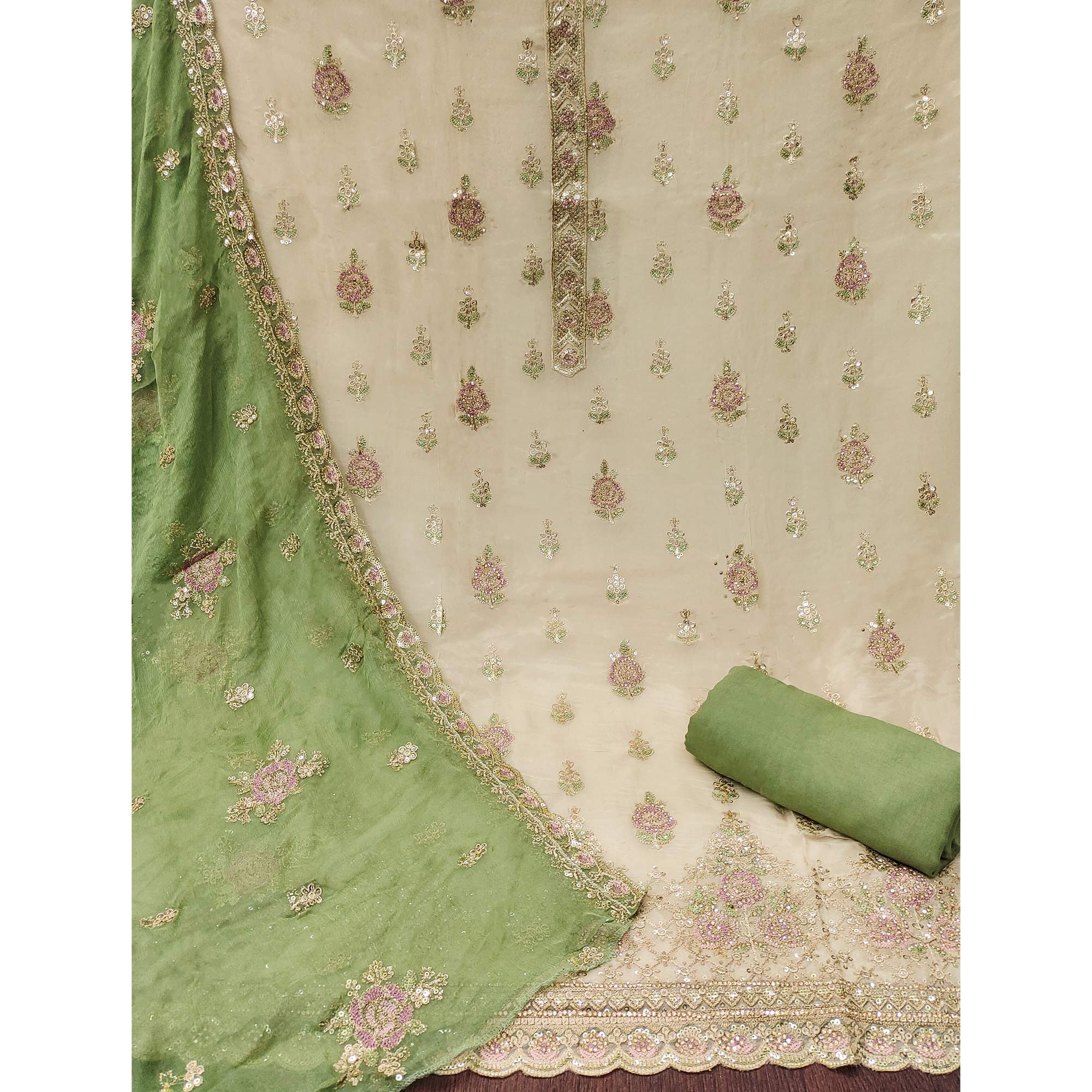 Beige & Green Floral Sequins Embroidered Organza Dress Material
