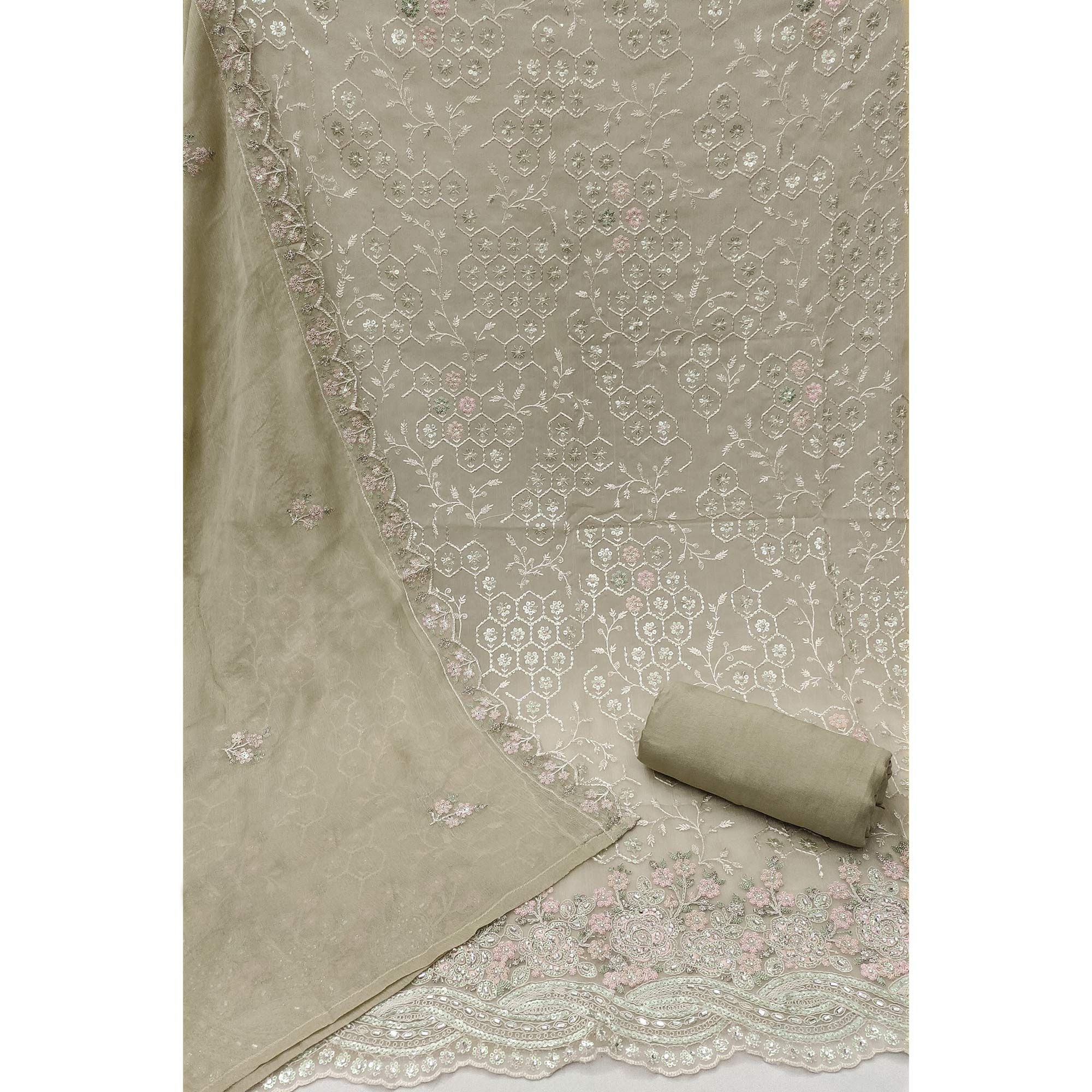 Pale Yellow Floral Sequins Embroidered Organza Dress Material